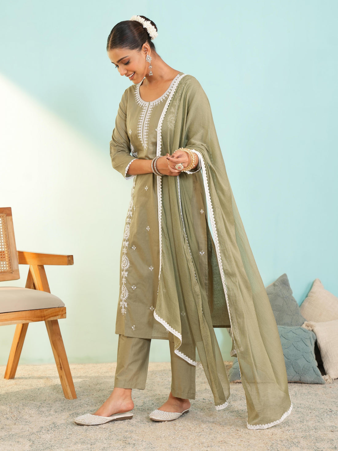 Dusty Pista Green Cotton Embroidered Kurta Set