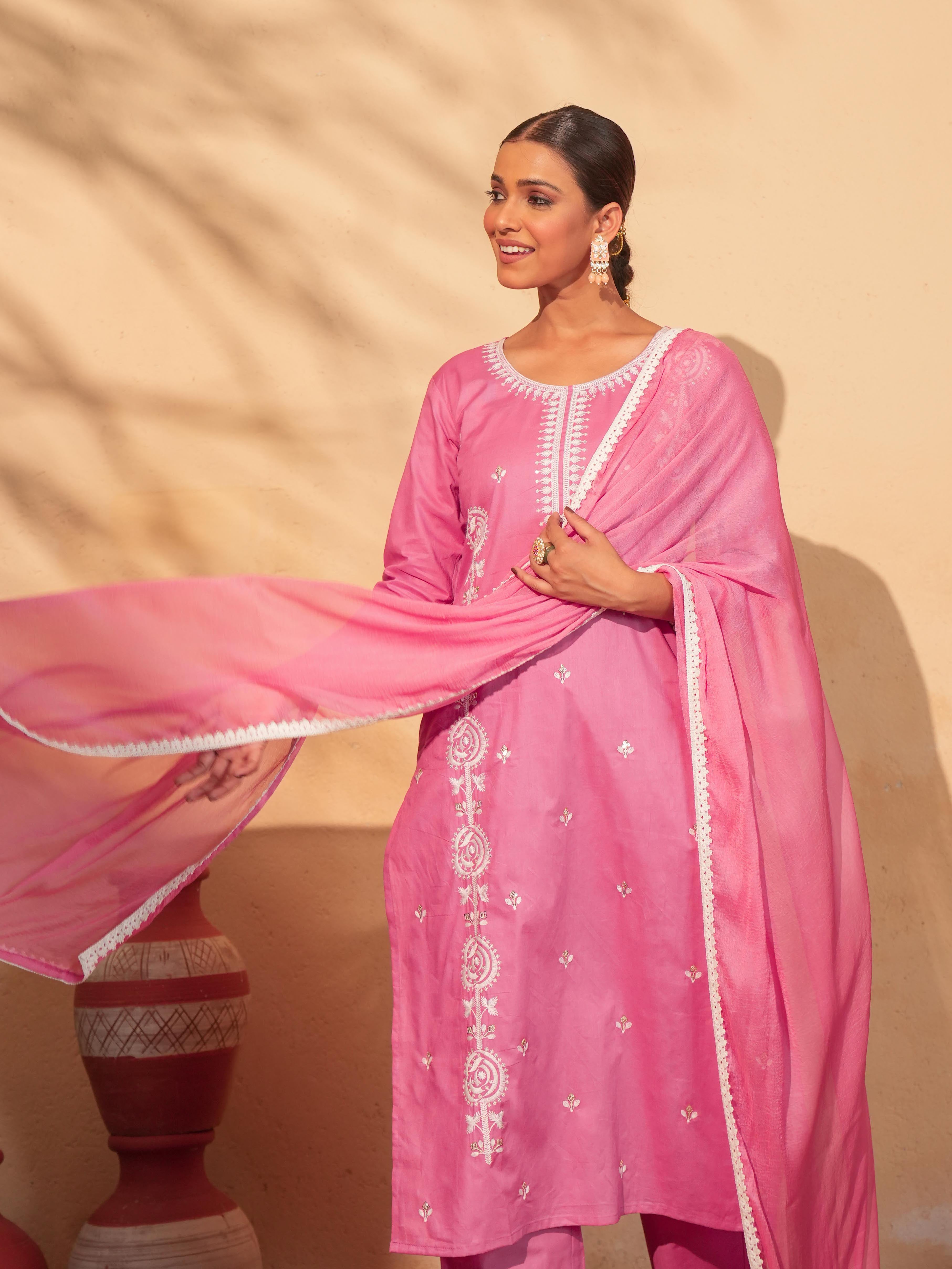 Peach Cotton Embroidered Kurta Set