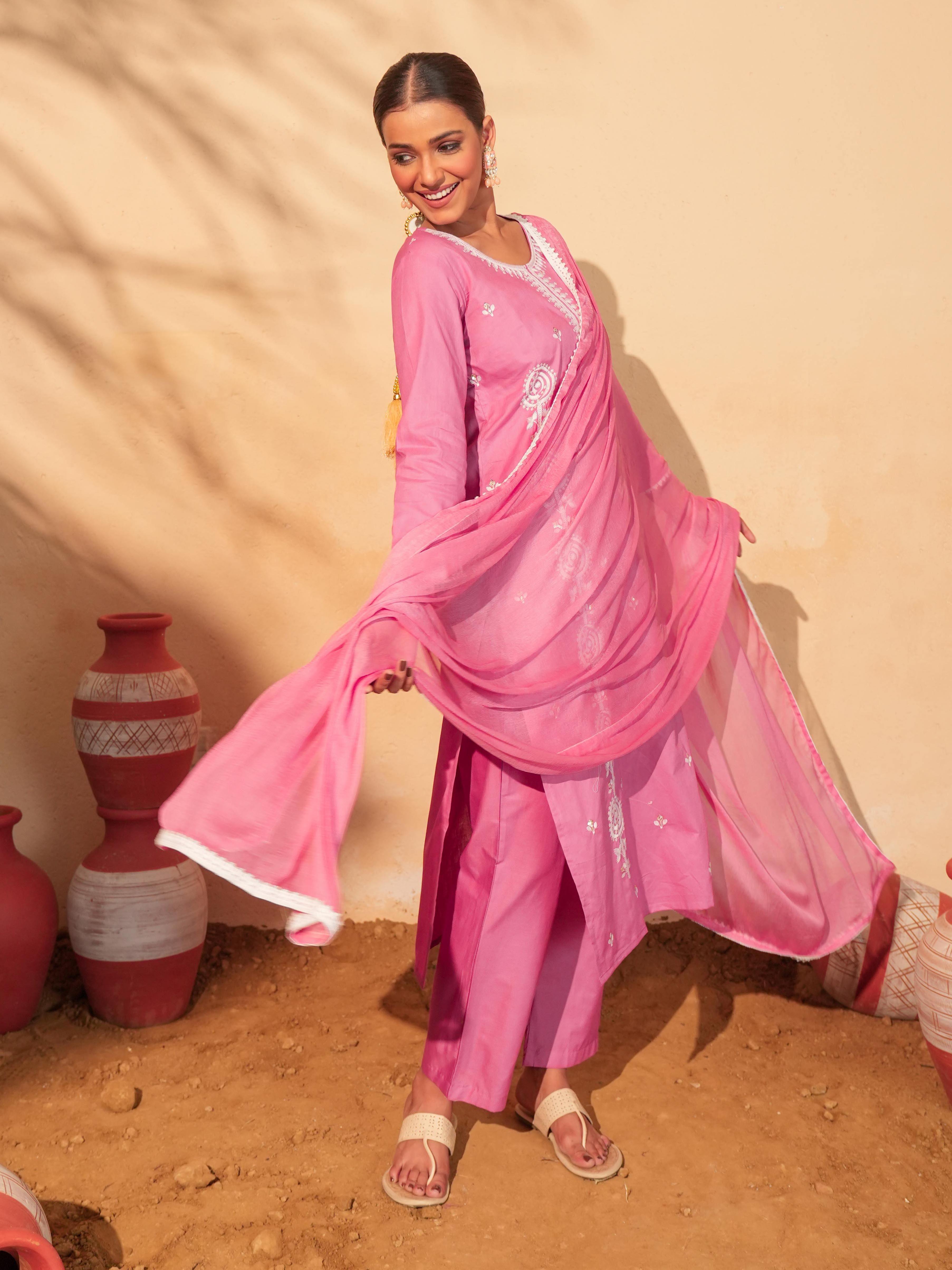 Peach Cotton Embroidered Kurta Set