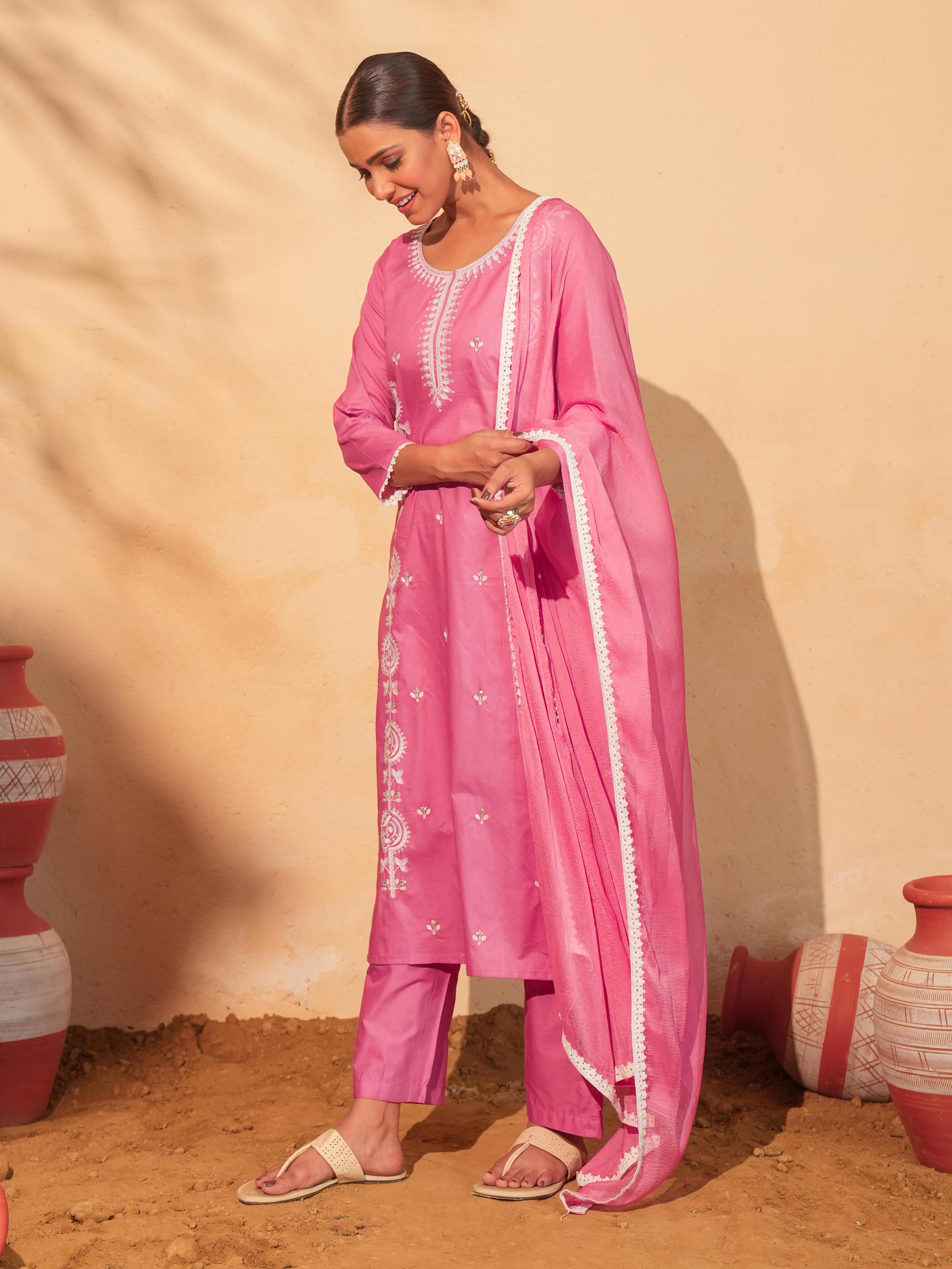 Peach Cotton Embroidered Kurta Set