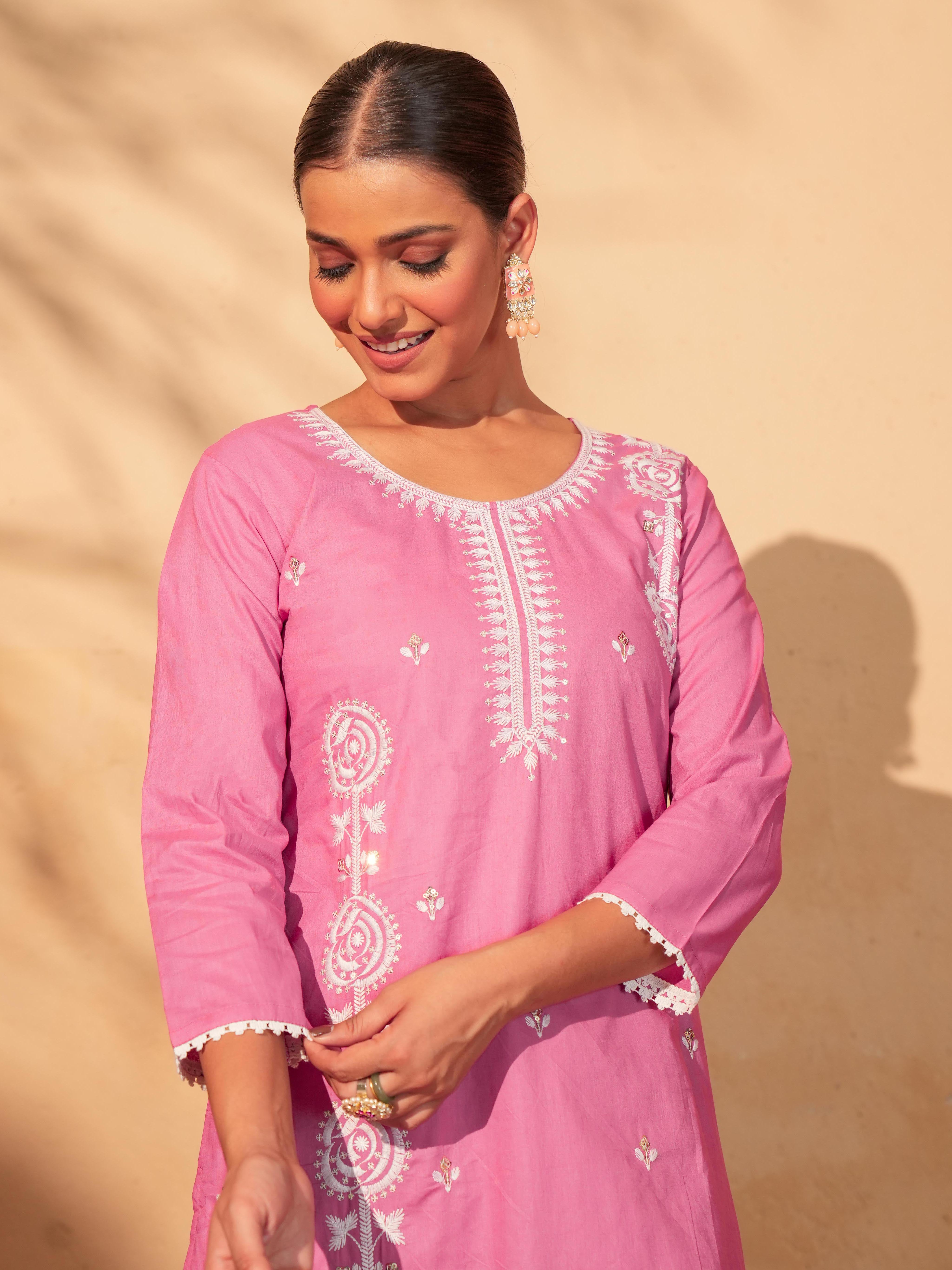 Peach Cotton Embroidered Kurta Set