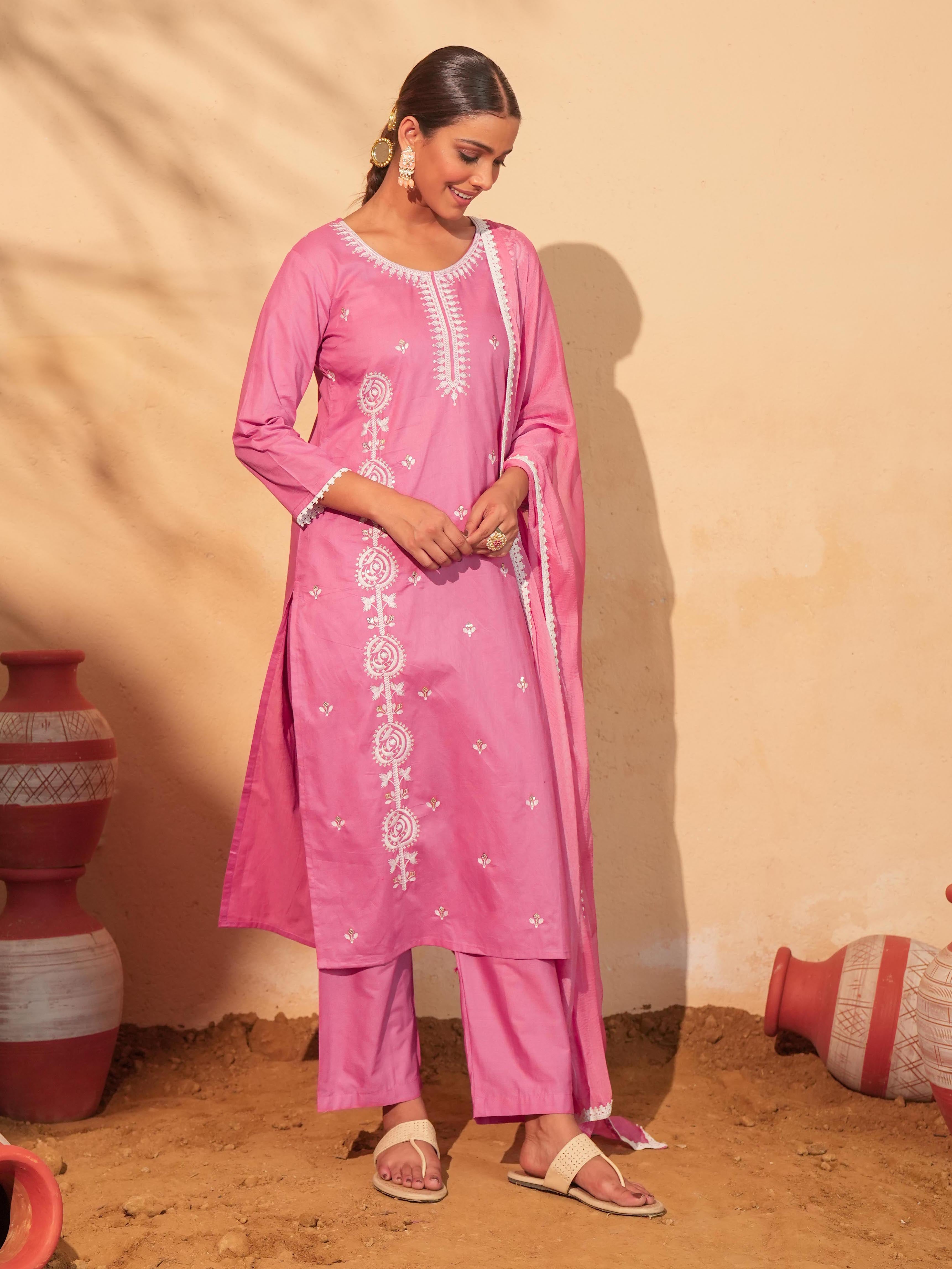 Peach Cotton Embroidered Kurta Set
