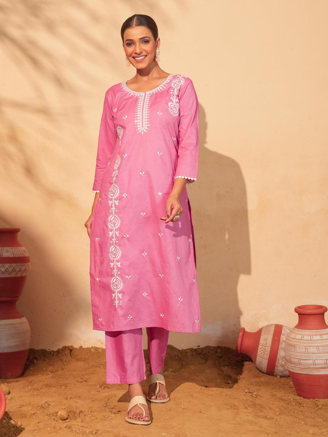 Peach Cotton Embroidered Suit Sets
