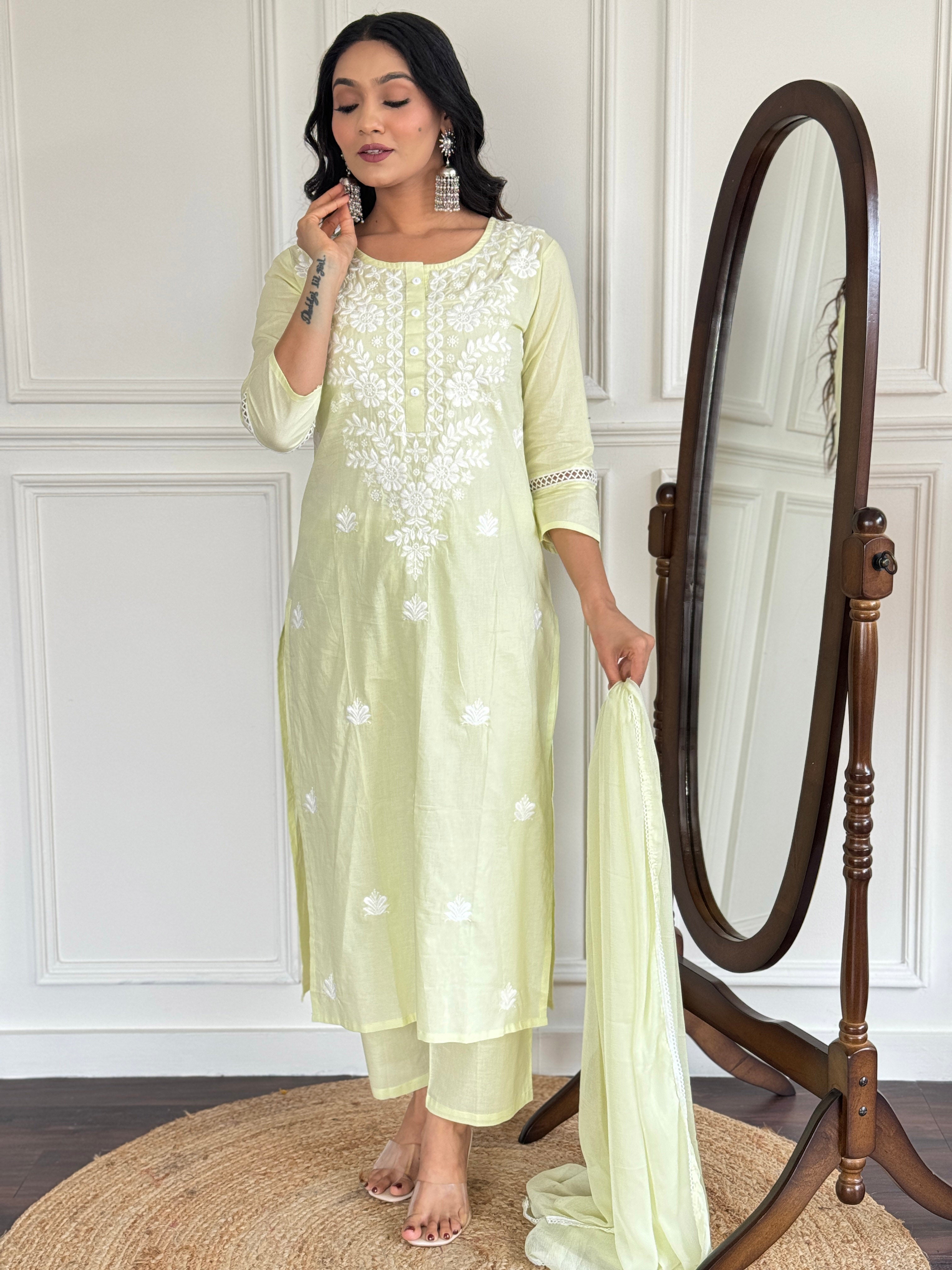 Pastel Green Embroidered Cotton Kurta Pant Set