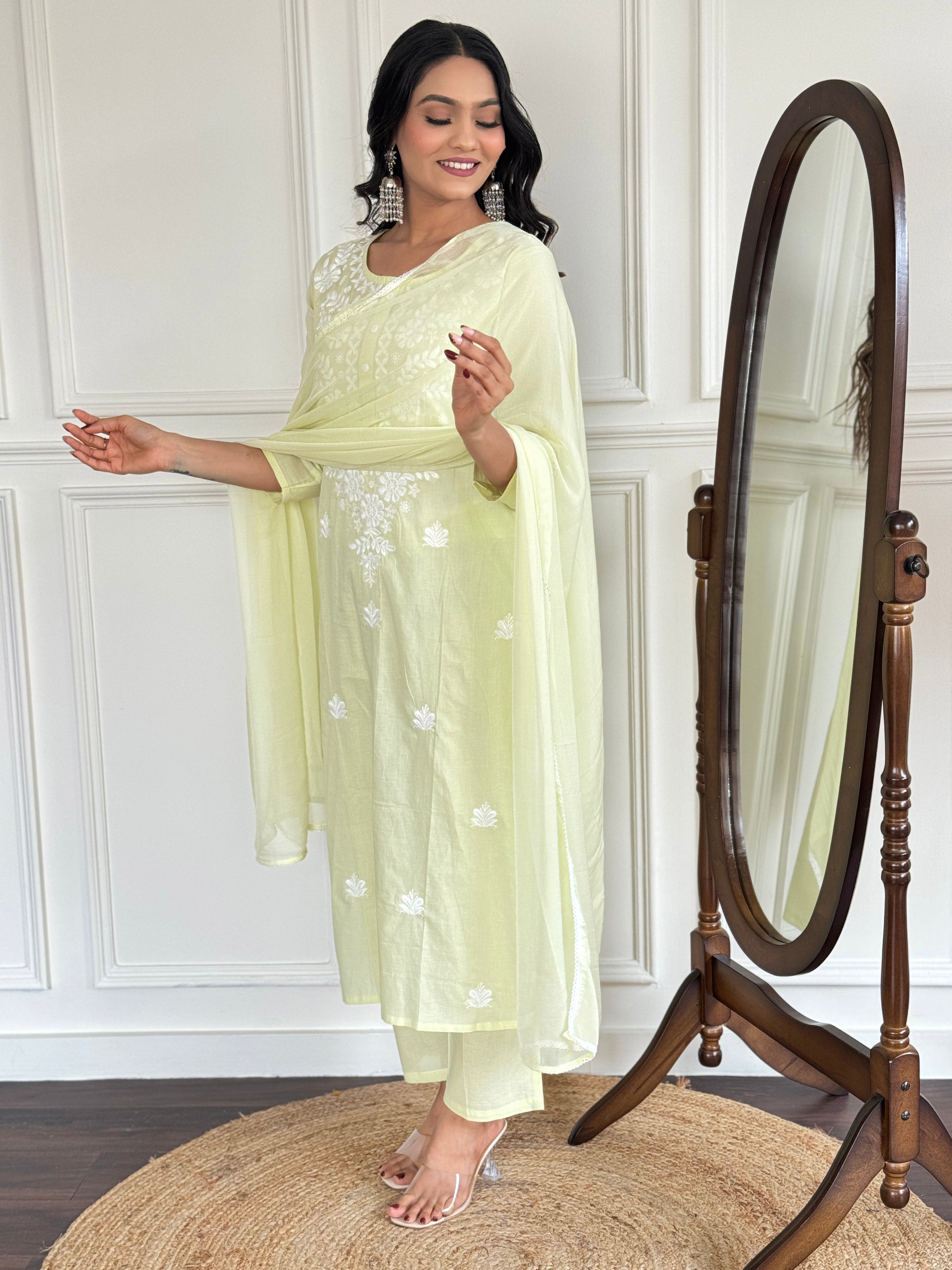 Pastel Green Embroidered Cotton Kurta Pant Set