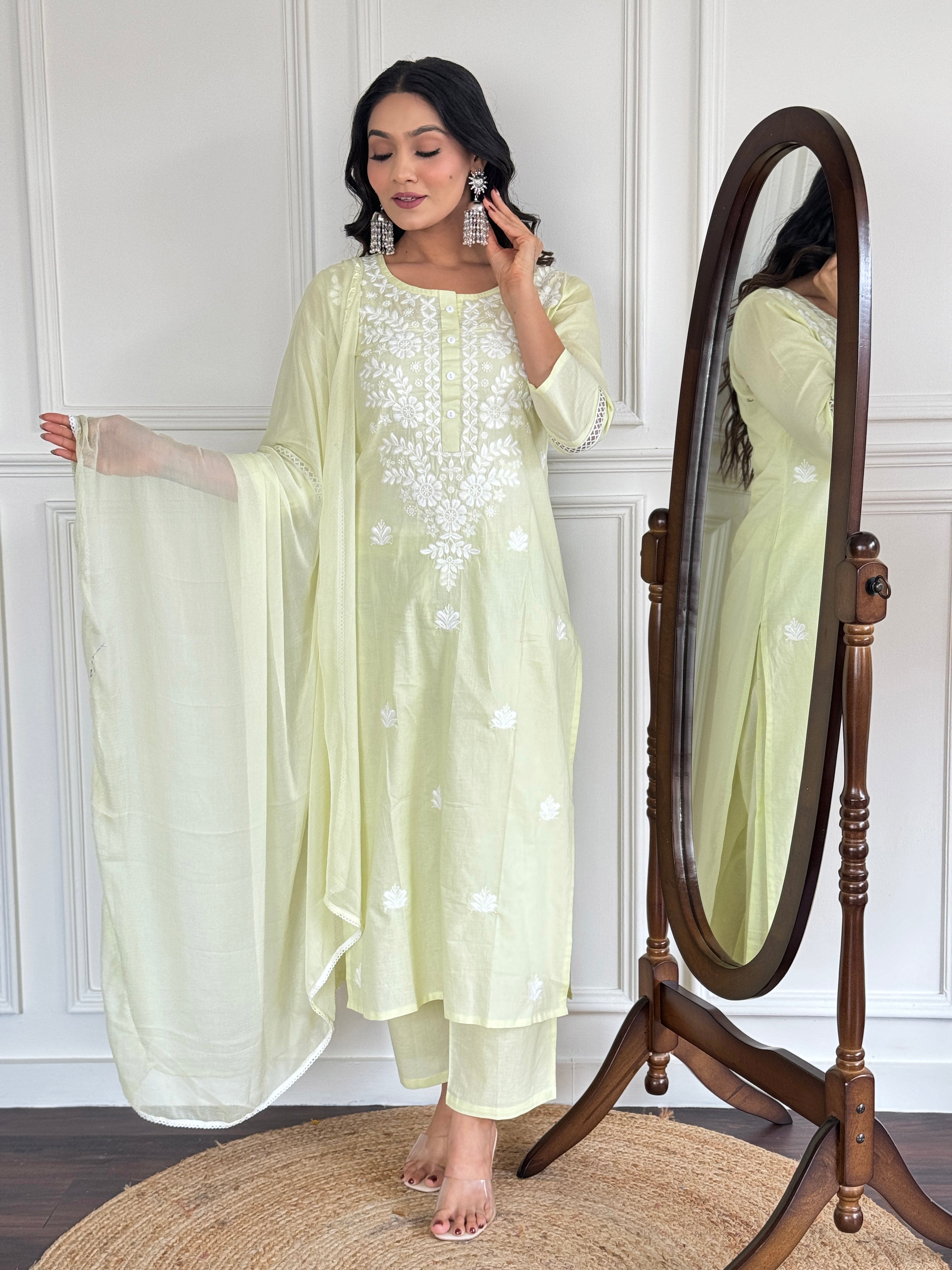Pastel Green Embroidered Cotton Kurta Pant Set