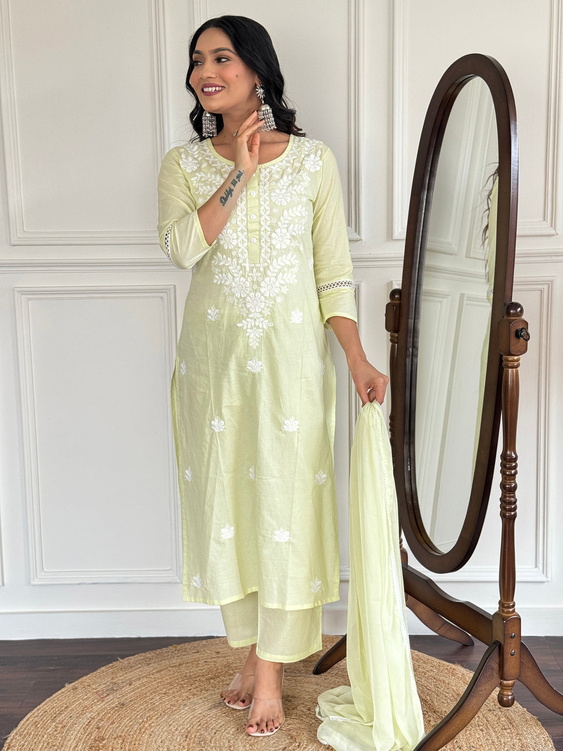 Pastel Green Embroidered Cotton Kurta Pant Set