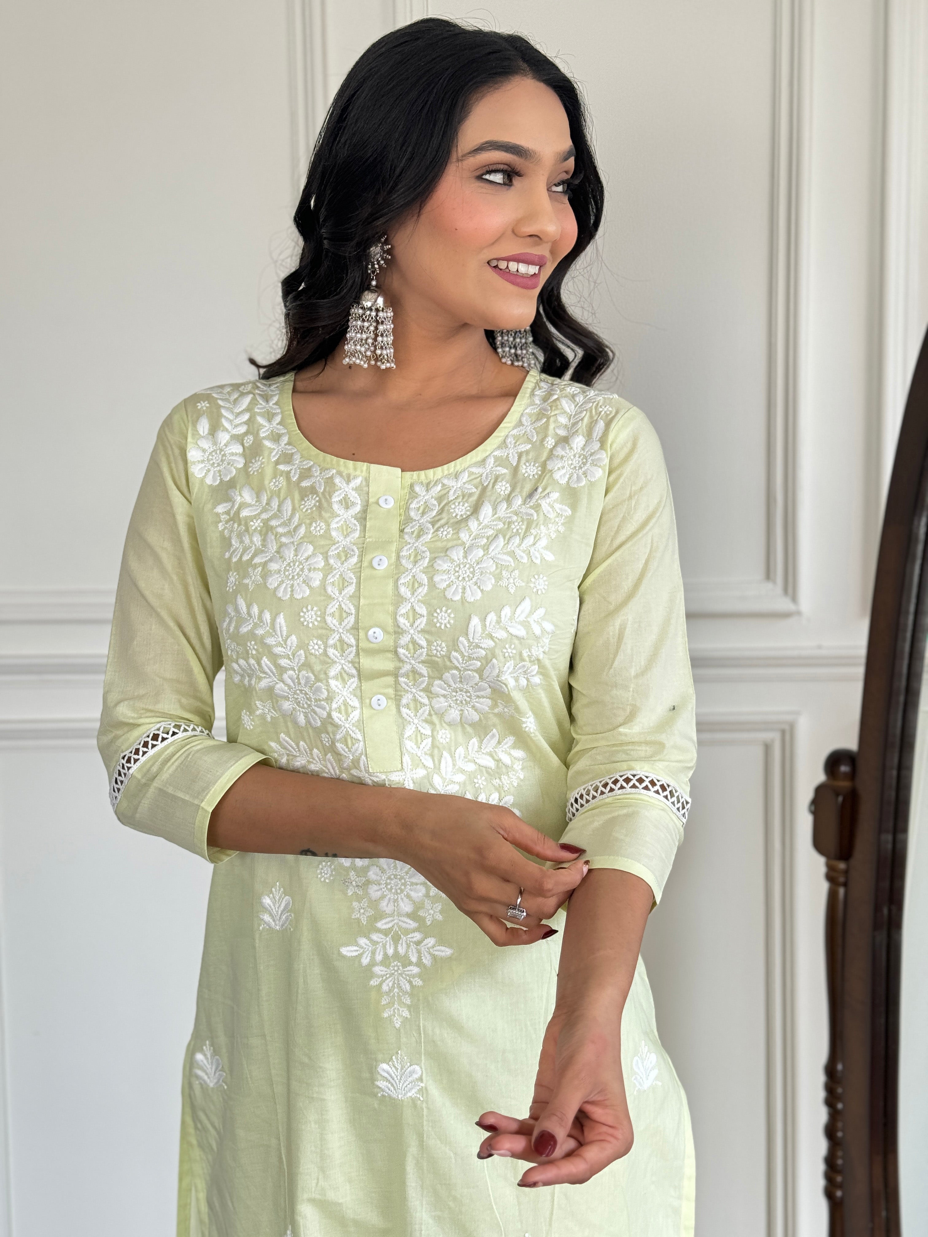 Pastel Green Embroidered Cotton Kurta Pant Set
