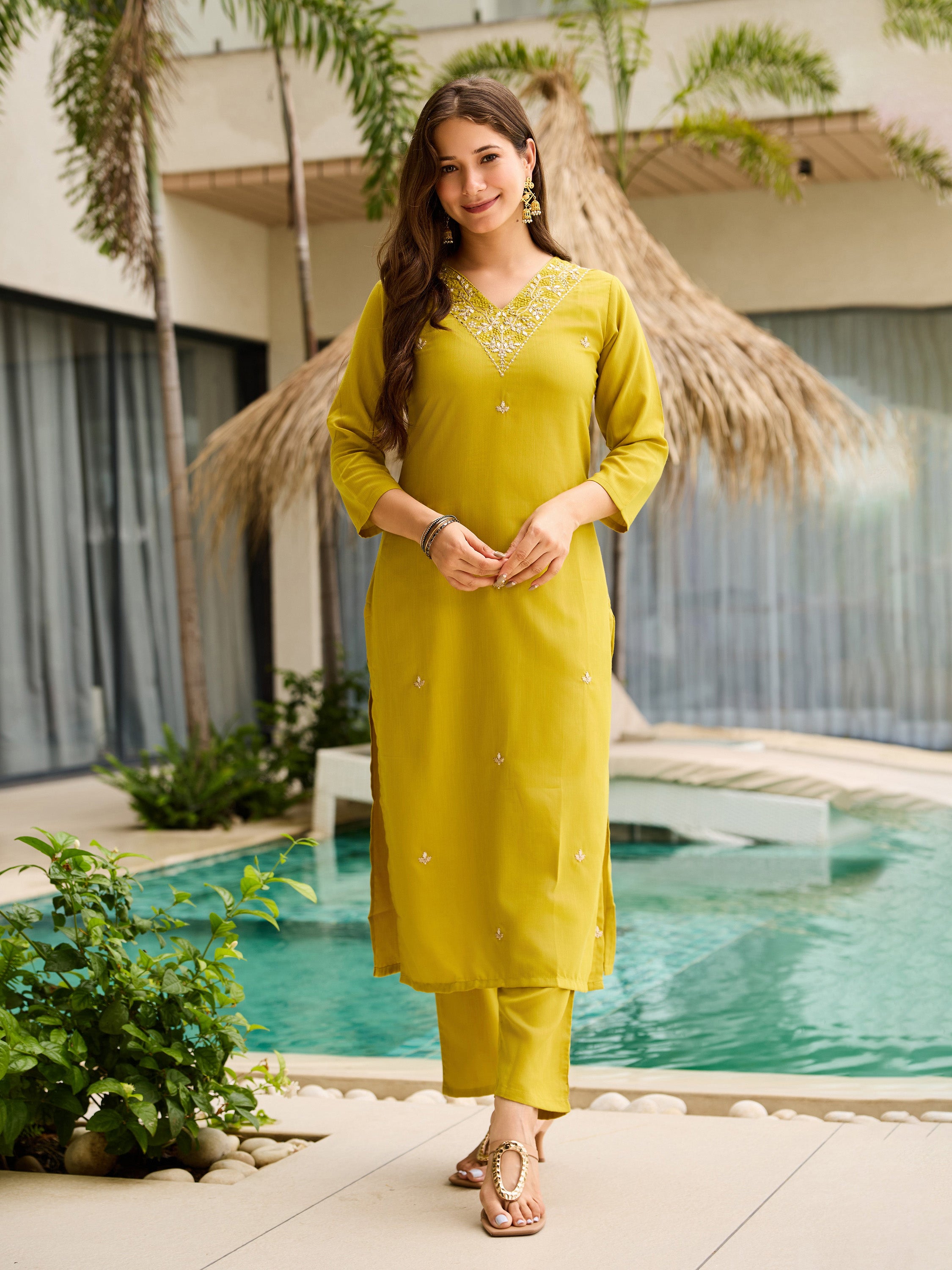 Olive Lime Green Embroidered Kurta Pant Set