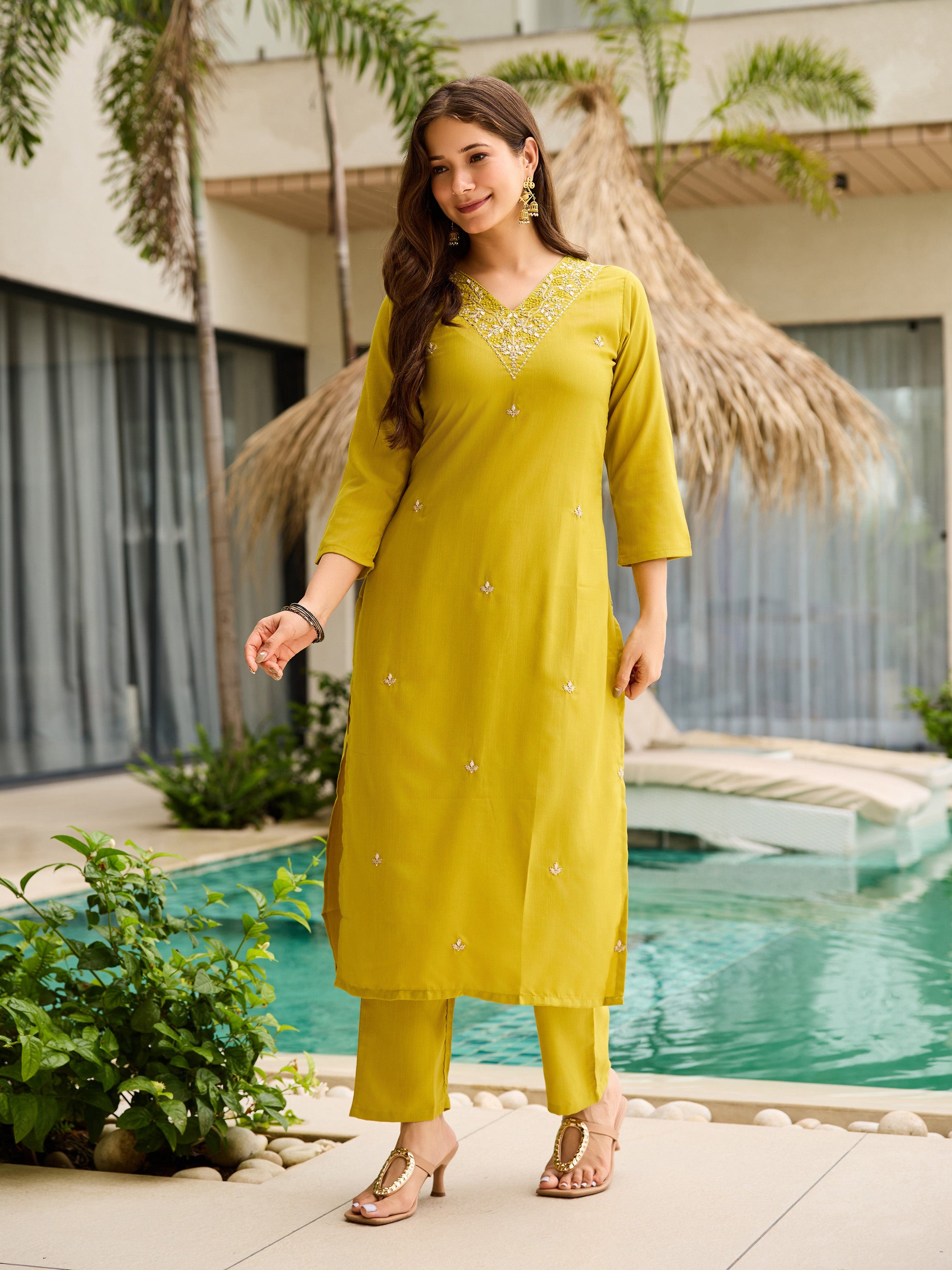 Olive Lime Green Embroidered Kurta Pant Set