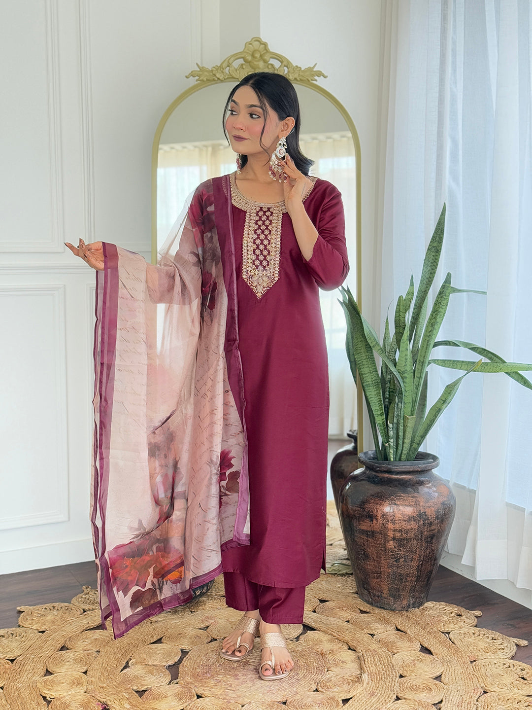Wine Elegance Viscose Silk Kurta Set