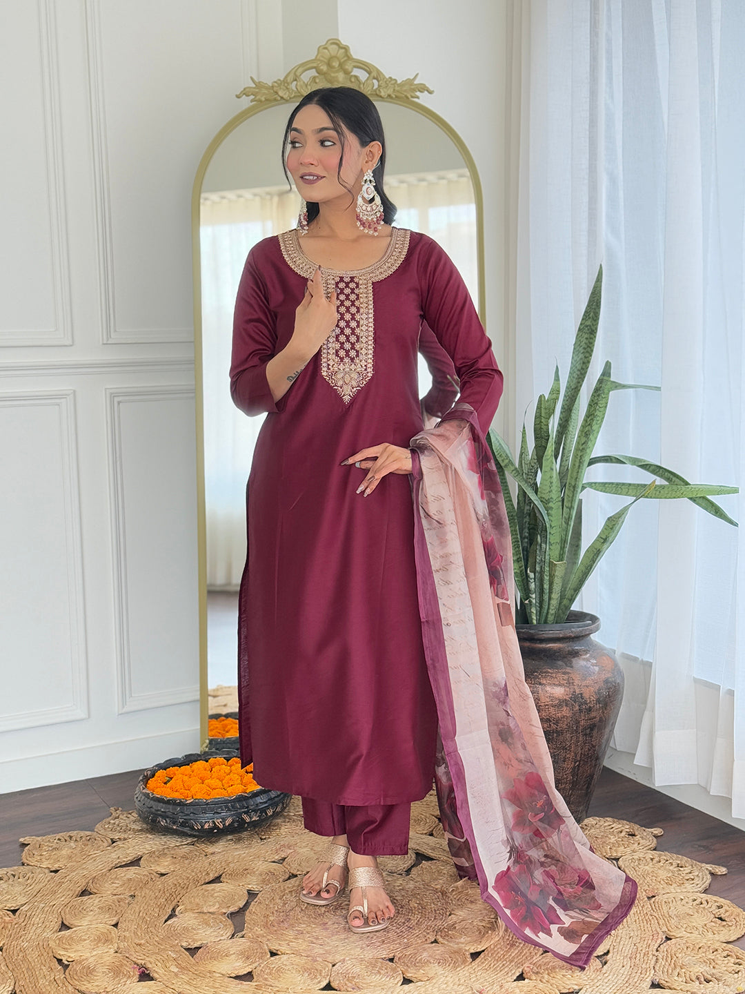 Wine Elegance Viscose Silk Kurta Set