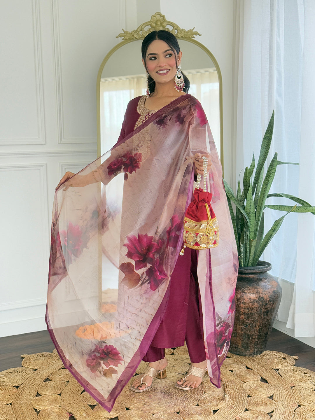 Wine Elegance Viscose Silk Suit Sets