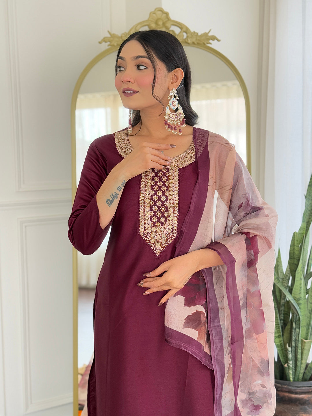 Wine Elegance Viscose Silk Kurta Set