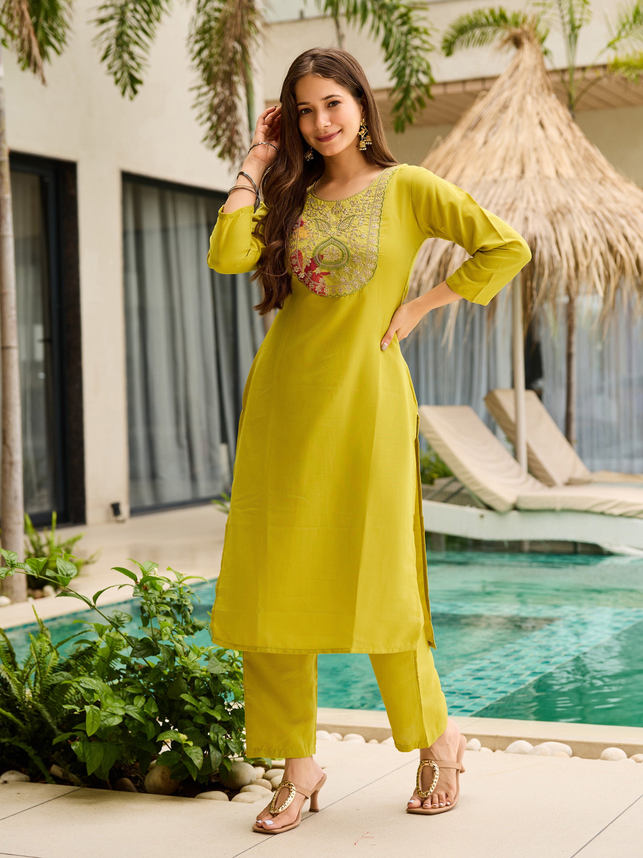 Sunshine Grace Yellow Viscose Silk Kurta Set