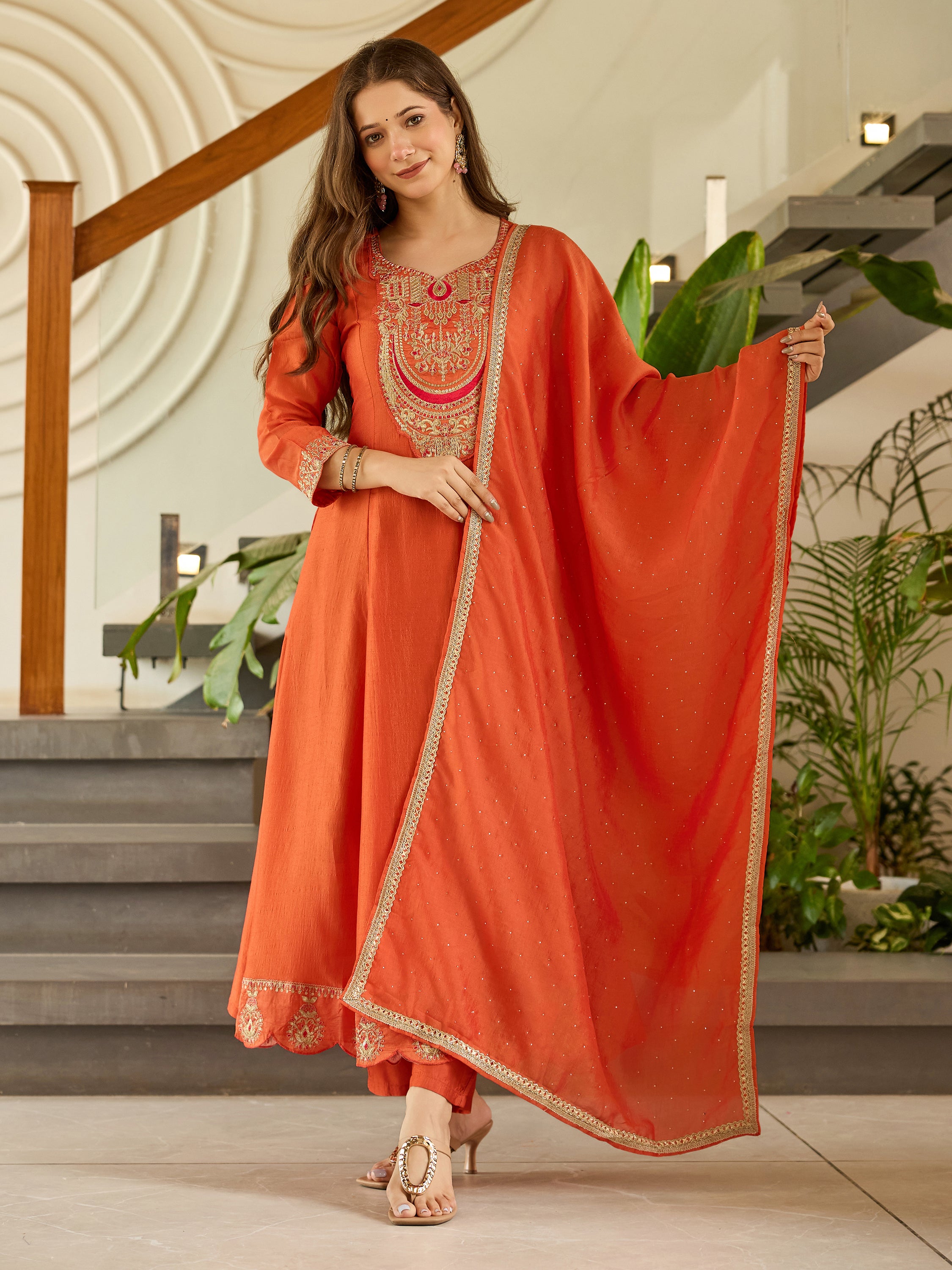 Rust Orange Chanderi Anarkali Kurta Pant Set