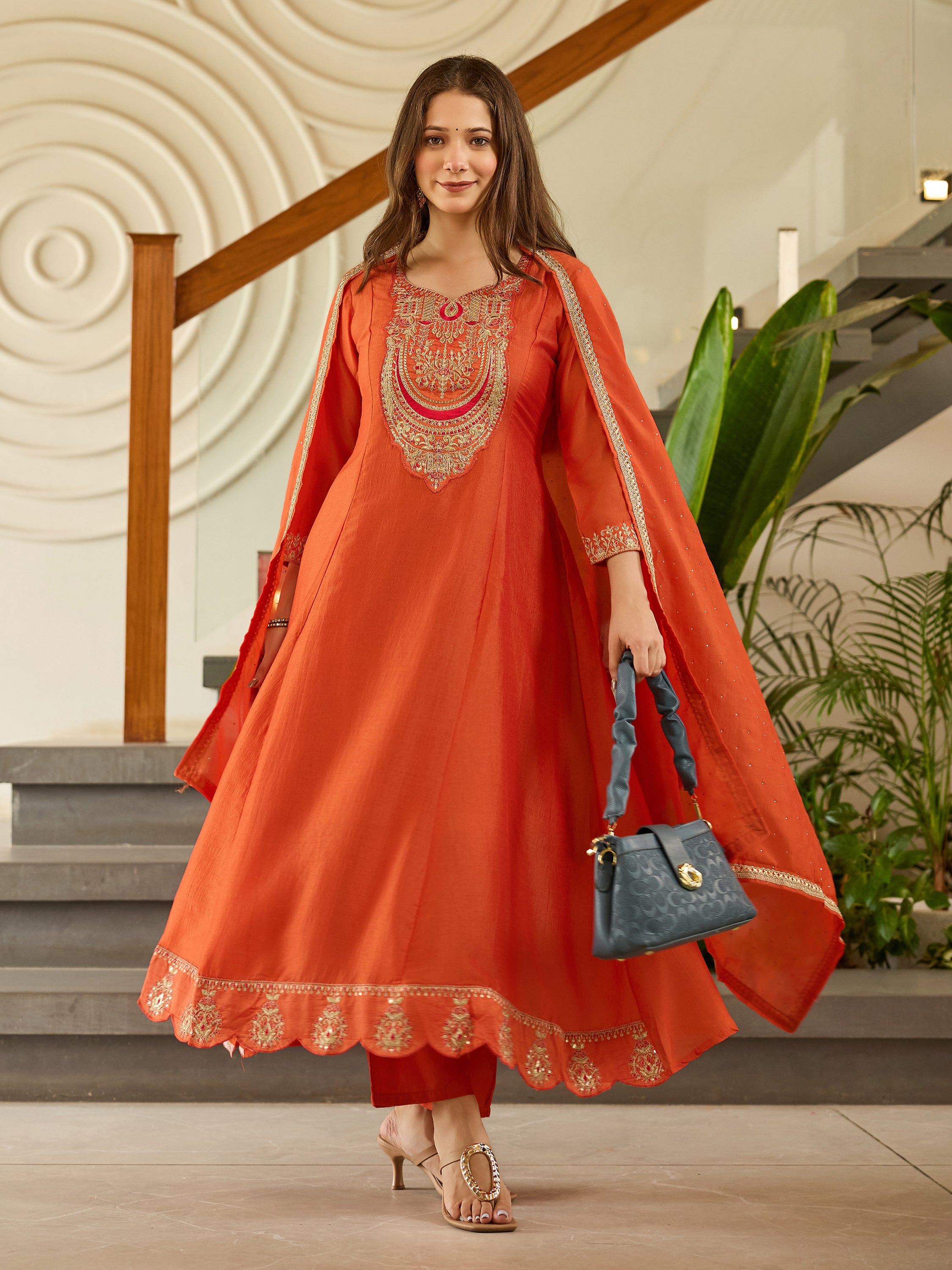 Rust Orange Chanderi Anarkali Kurta Pant Set