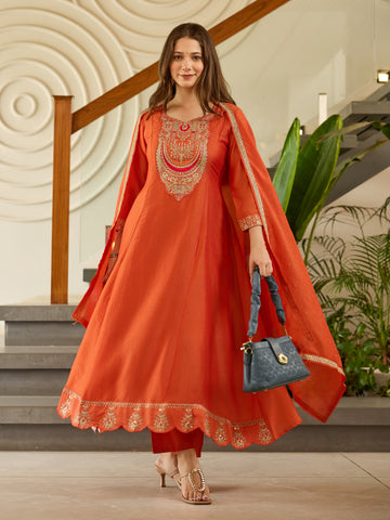 Rust Orange Chanderi Anarkali Kurta Pant Set