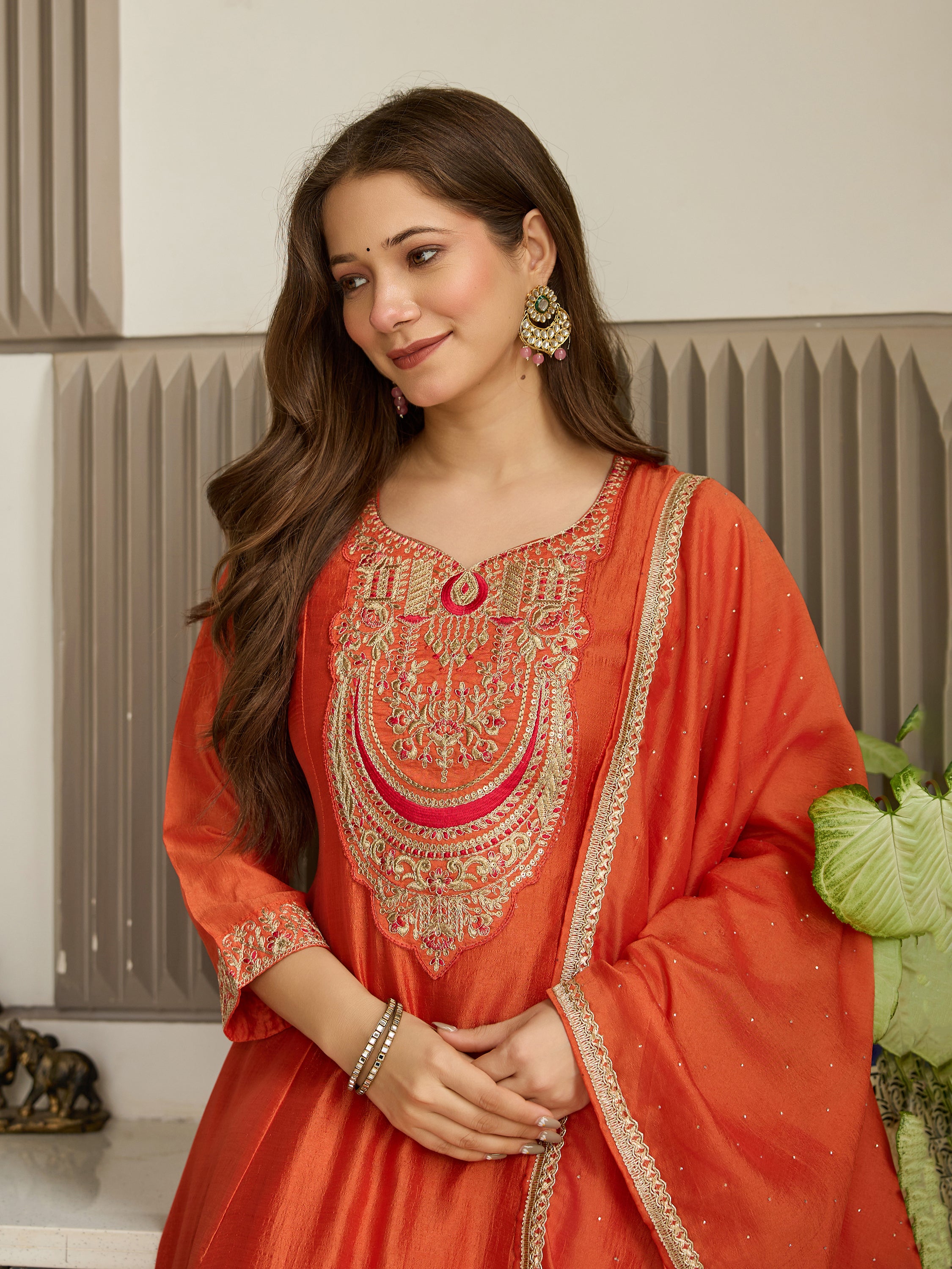 Rust Orange Chanderi Anarkali Kurta Pant Set