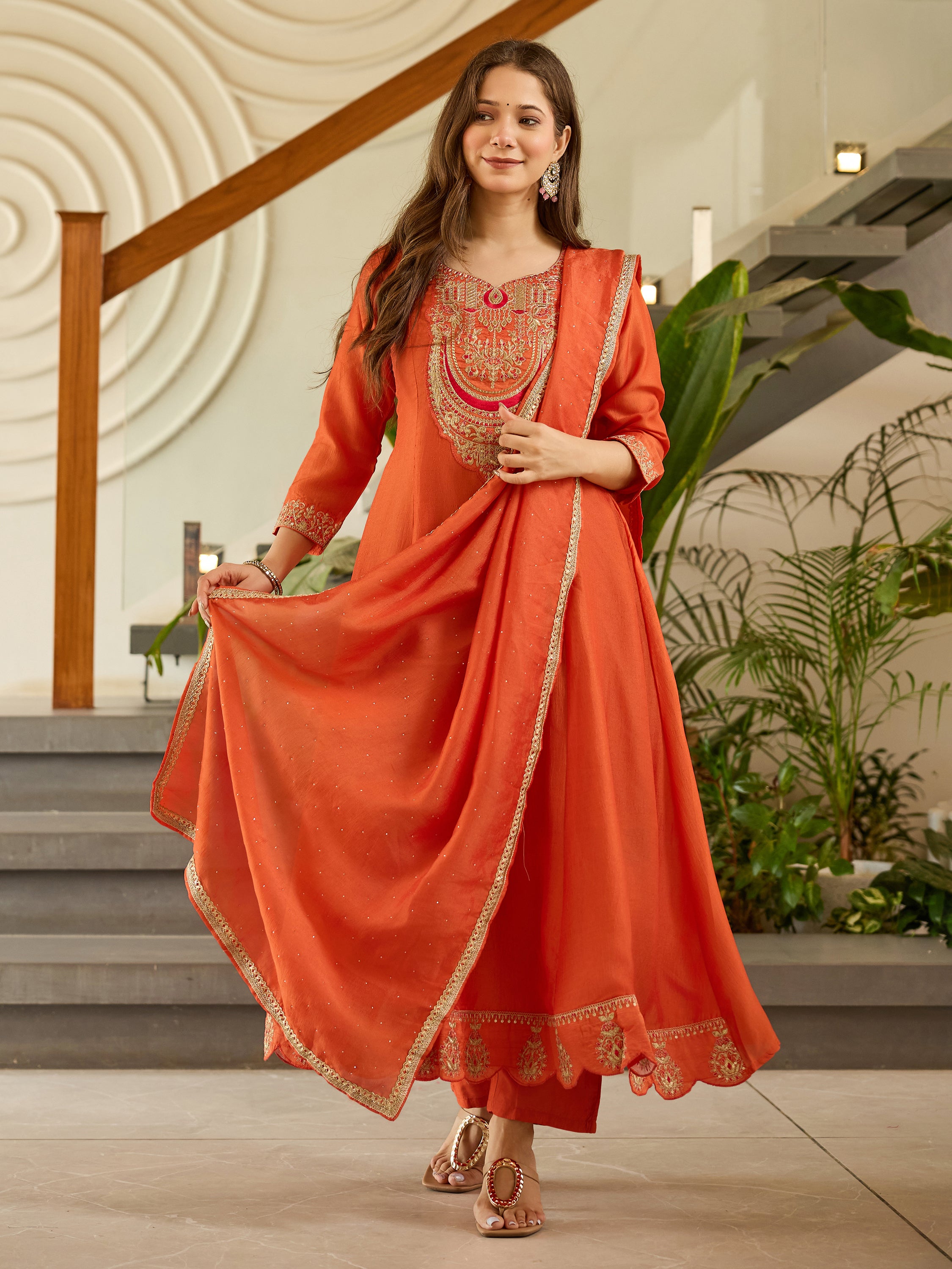 Rust Orange Chanderi Anarkali Kurta Pant Set
