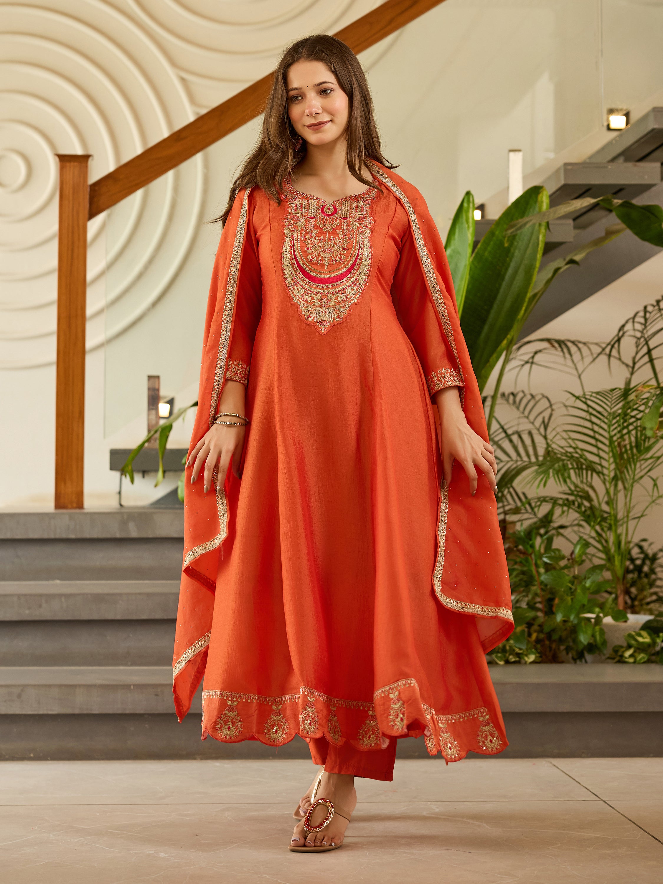 Rust Orange Chanderi Anarkali Kurta Pant Set