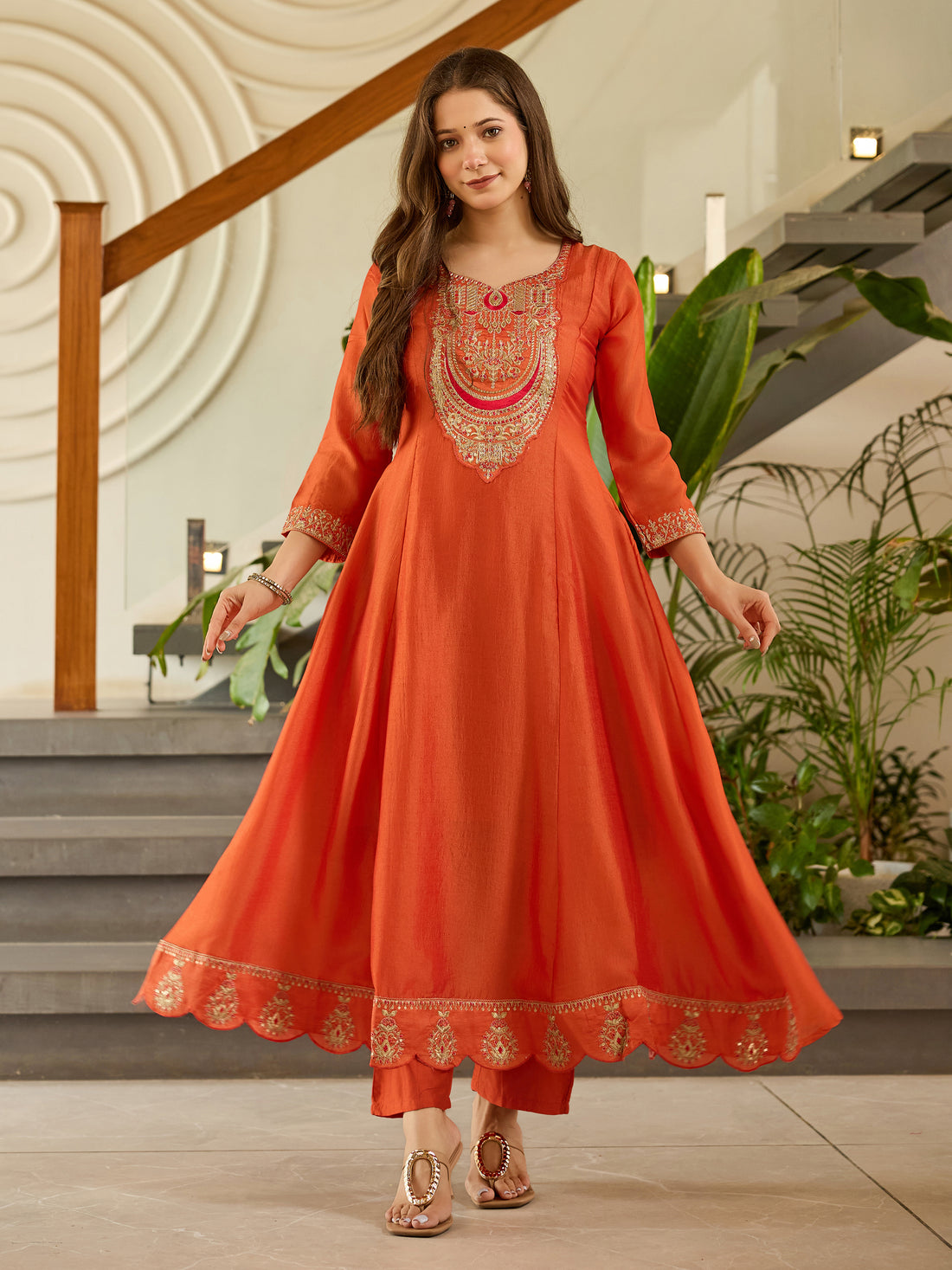 Rust Orange Chanderi Anarkali Kurta Pant Set