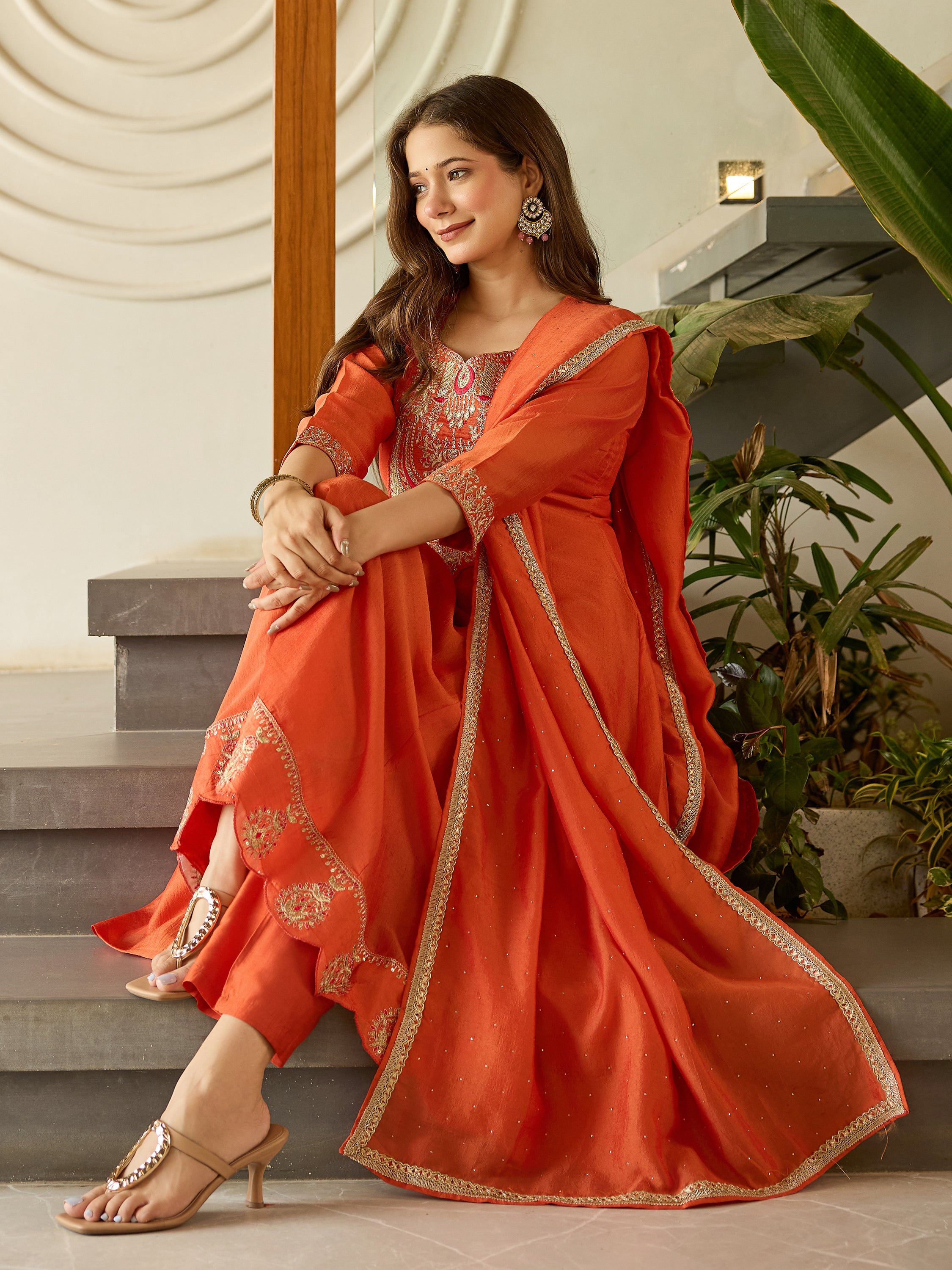 Rust Orange Chanderi Anarkali Kurta Pant Set
