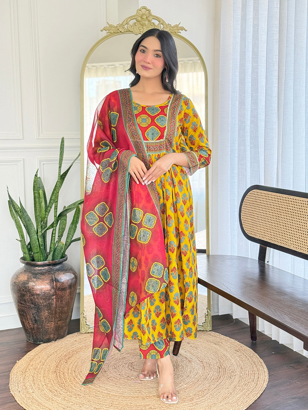 Vibrant Yellow Floral Anarkali Salwar Suit Set