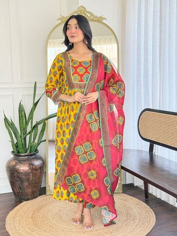 Vibrant Yellow Floral Anarkali Salwar Suit Set
