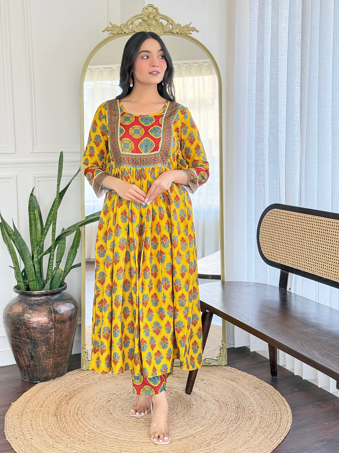 Vibrant Yellow Floral Anarkali Salwar Suit Set