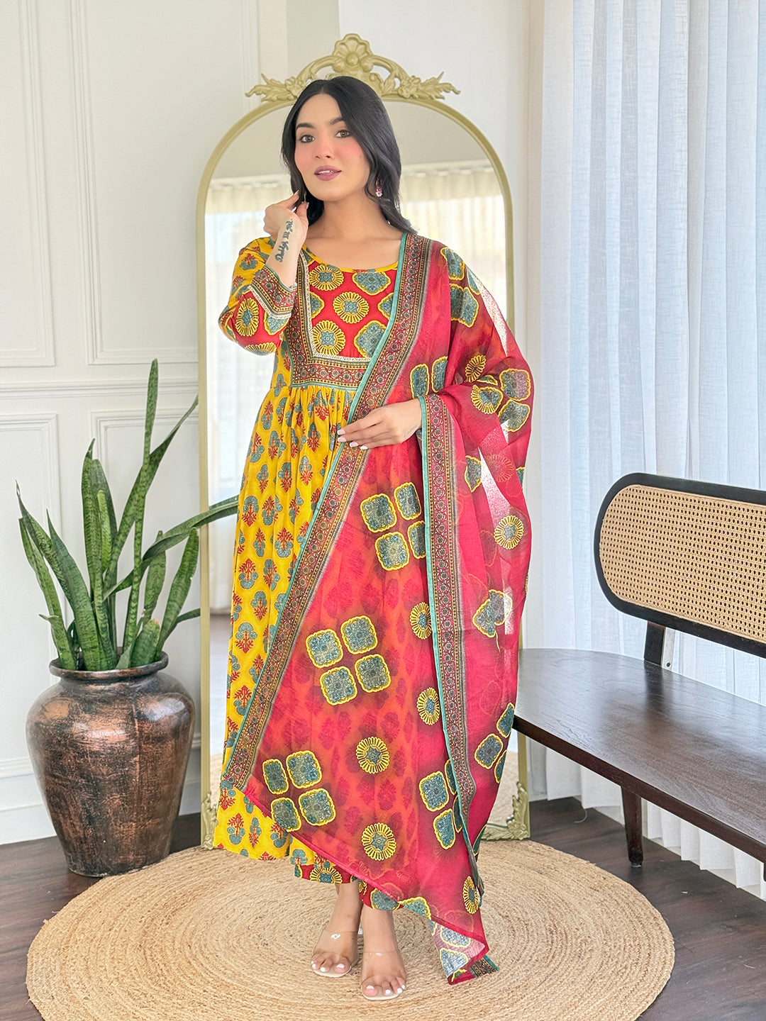Vibrant Yellow Floral Anarkali Salwar Suit Set
