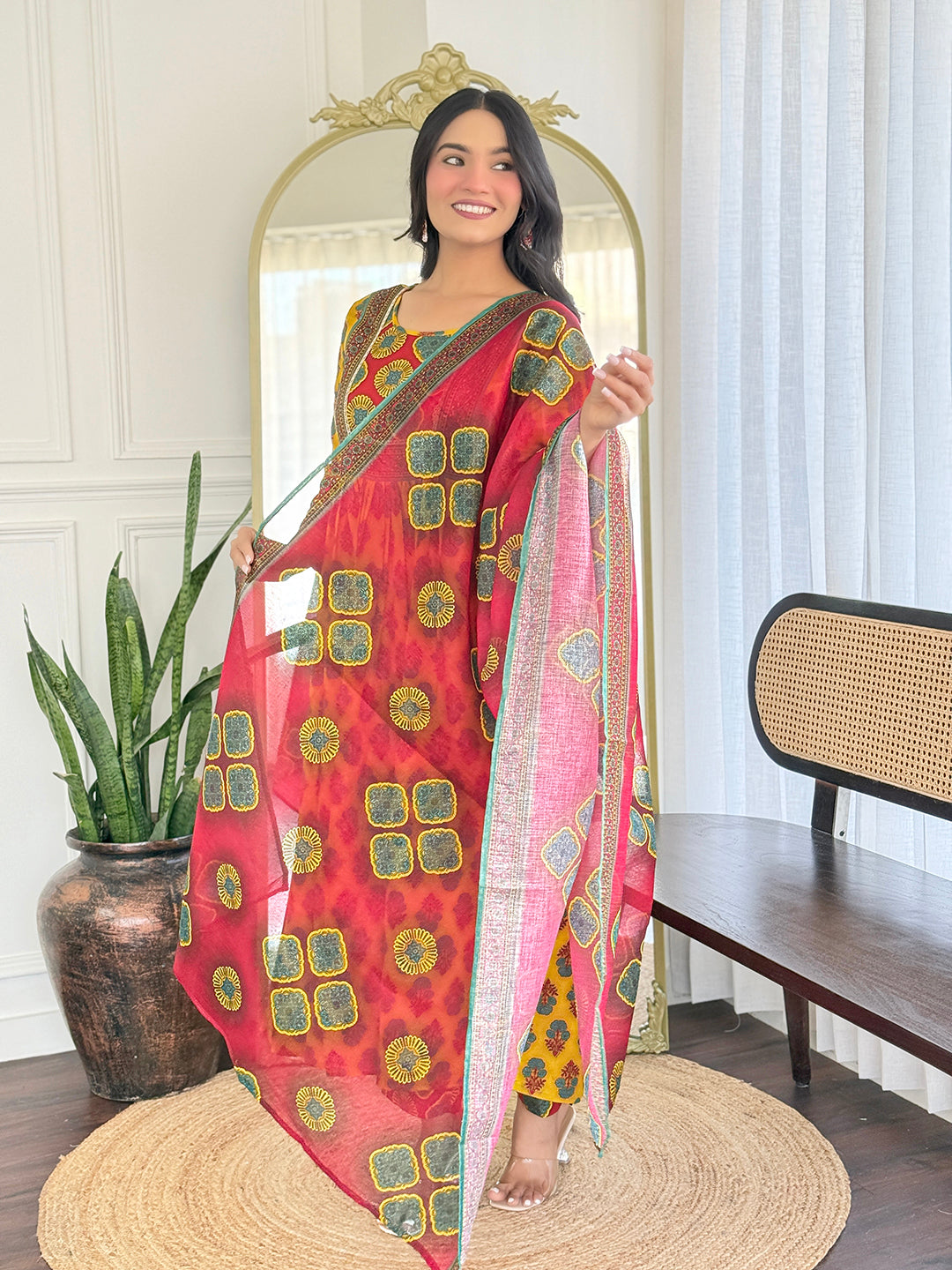 Vibrant Yellow Floral Anarkali Salwar Suit Set