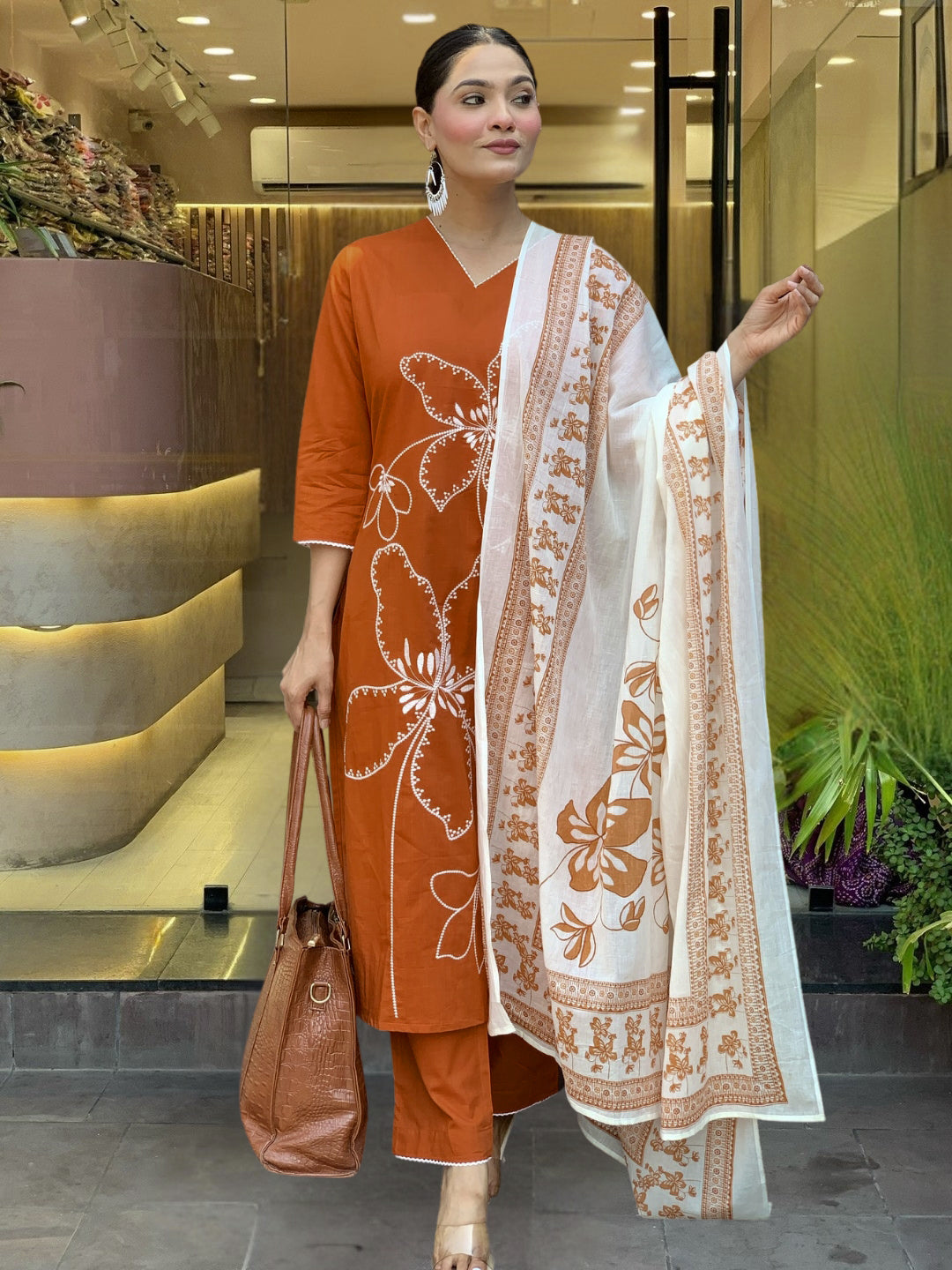 Rust Orange Cotton Embroidered Kurta Pant Set
