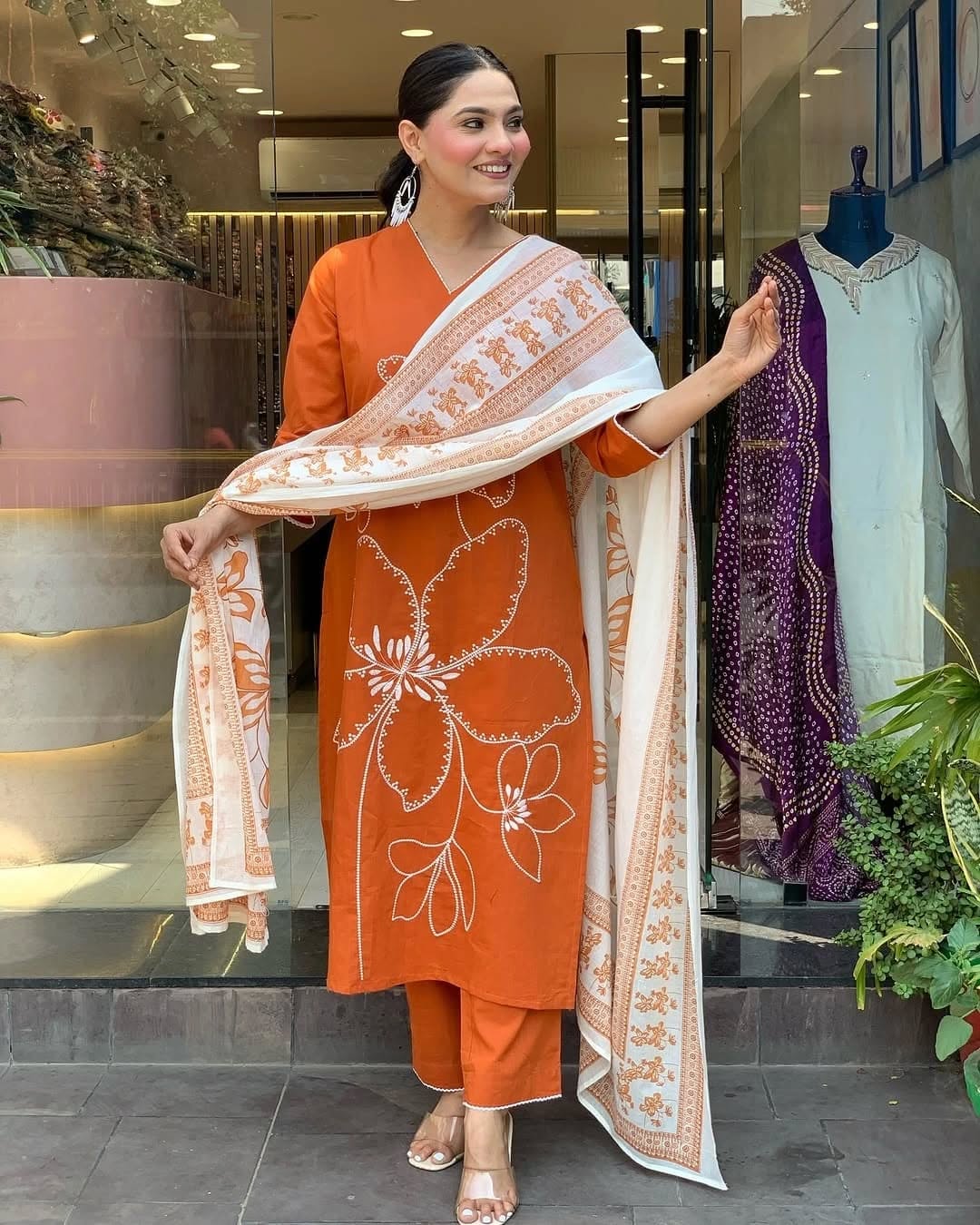 Rust Orange Cotton Embroidered Kurta Pant Set