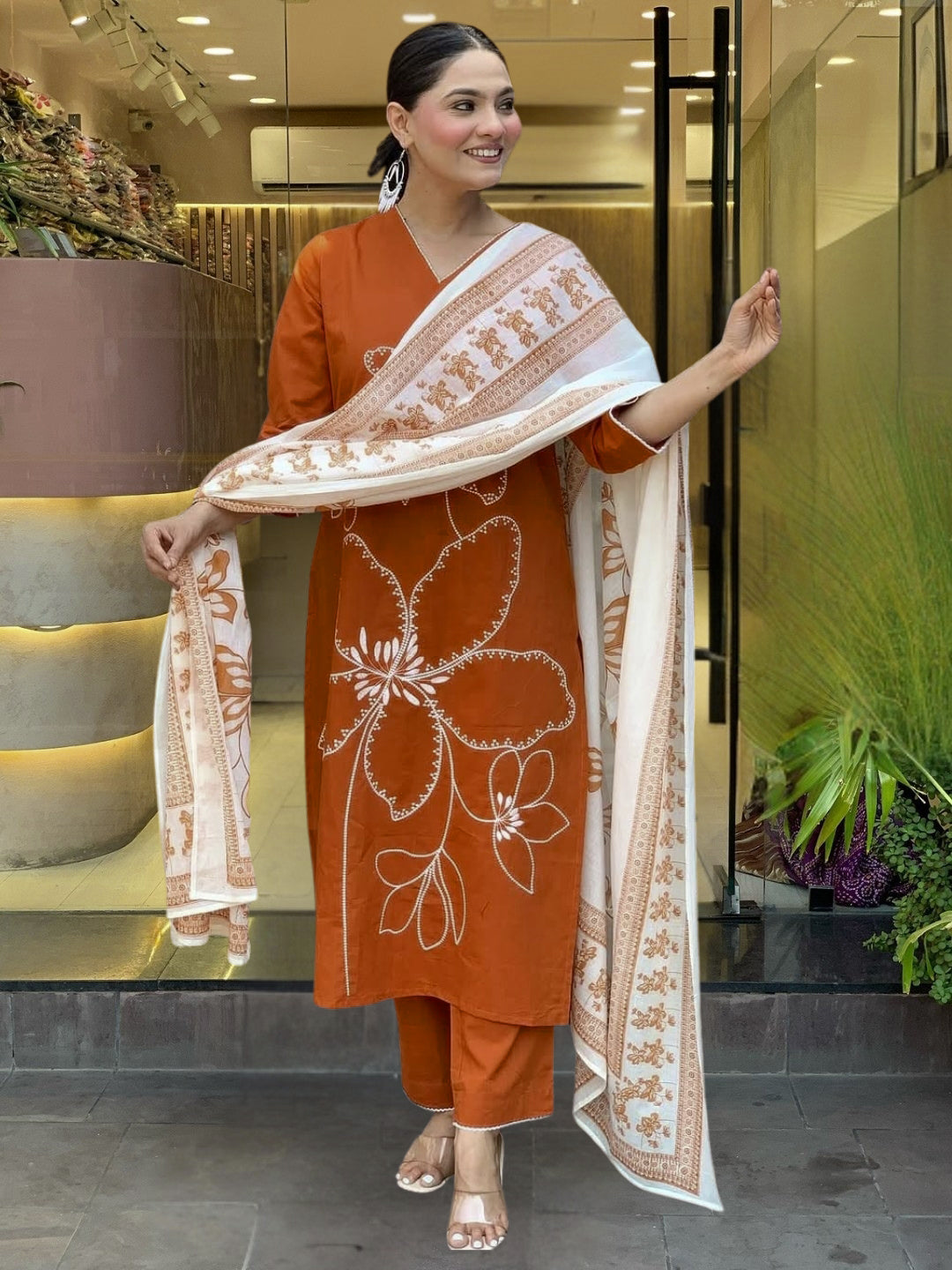 Rust Orange Cotton Embroidered Kurta Pant Set