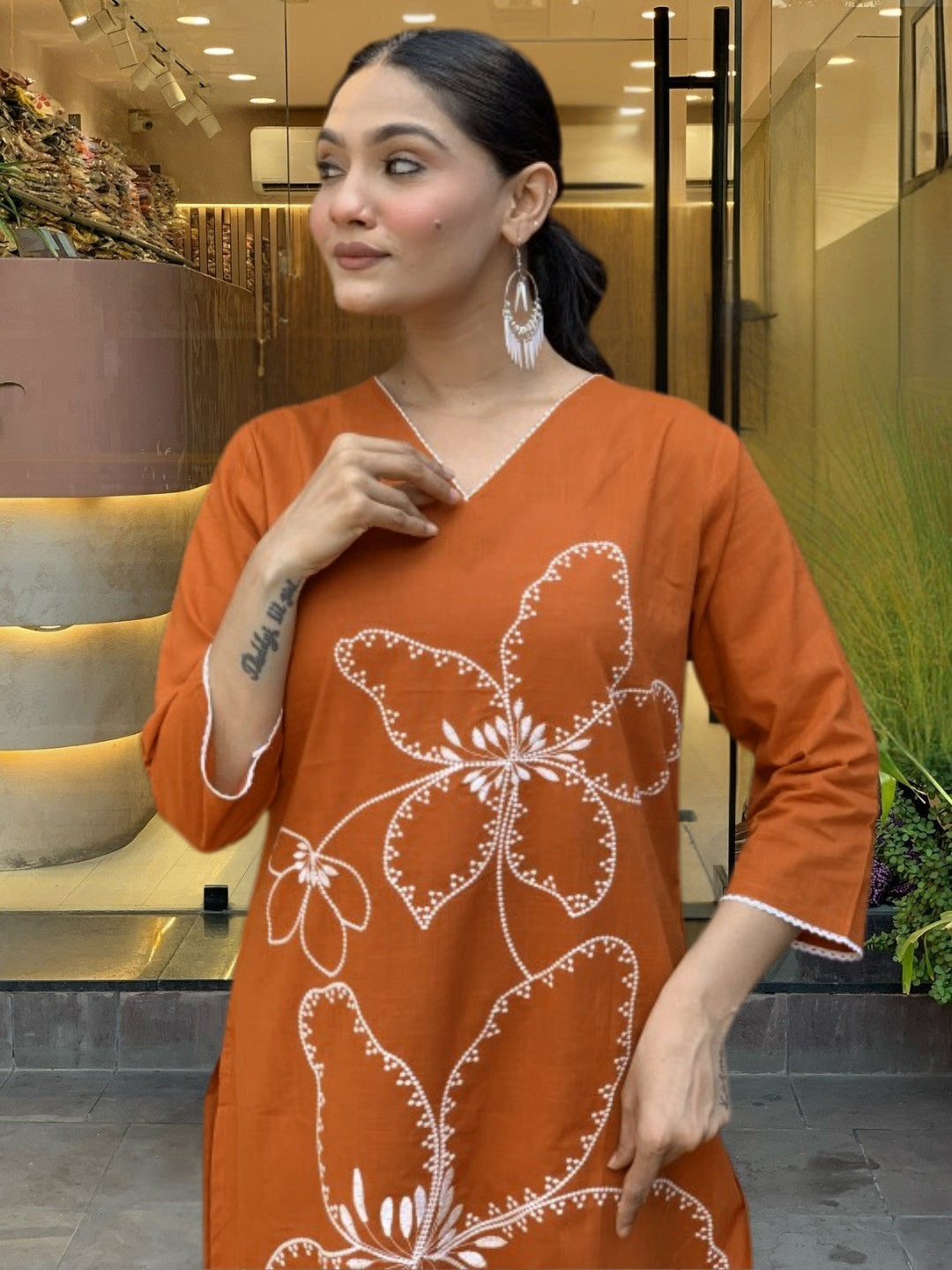 Rust Orange Cotton Embroidered Kurta Pant Set