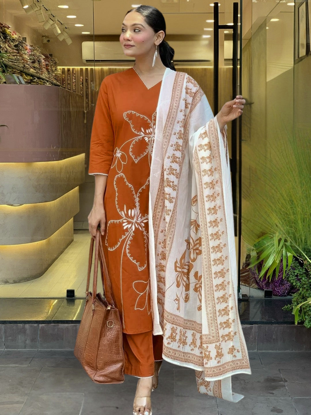 Rust Orange Cotton Embroidered Kurta Pant Set