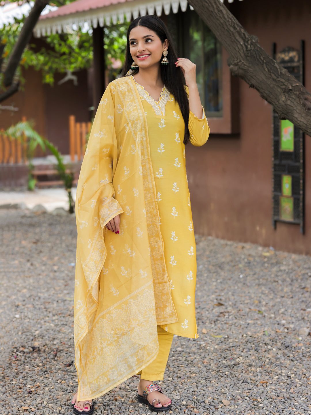 Yellow Cotton Embroidered Kurta Pant Set