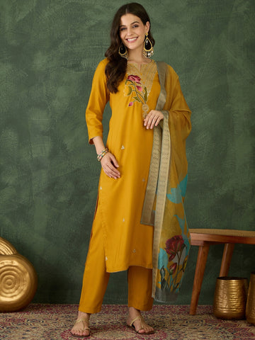 Mustard Yellow Floral Embroidered Kurta Pant Set