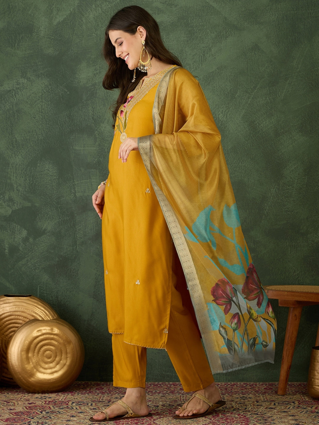 Mustard Yellow Floral Embroidered Suit Sets
