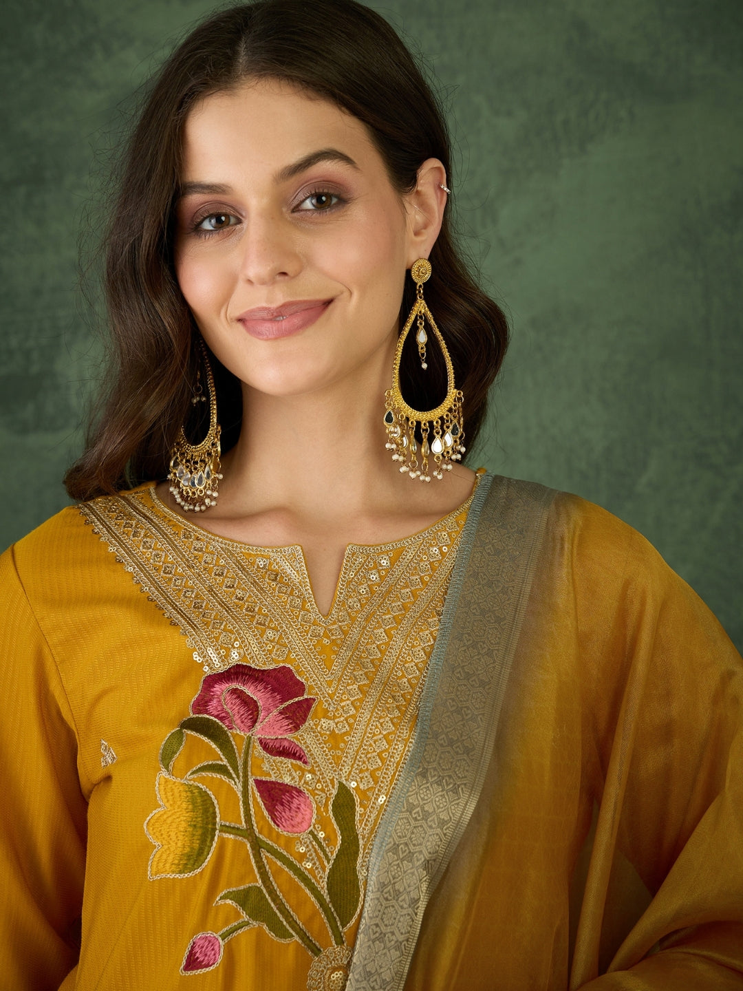 Mustard Yellow Floral Embroidered Kurta Pant Set