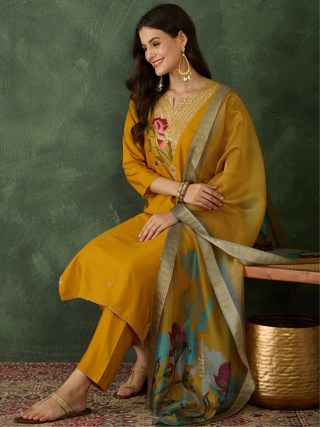 Mustard Yellow Floral Embroidered Kurta Pant Set