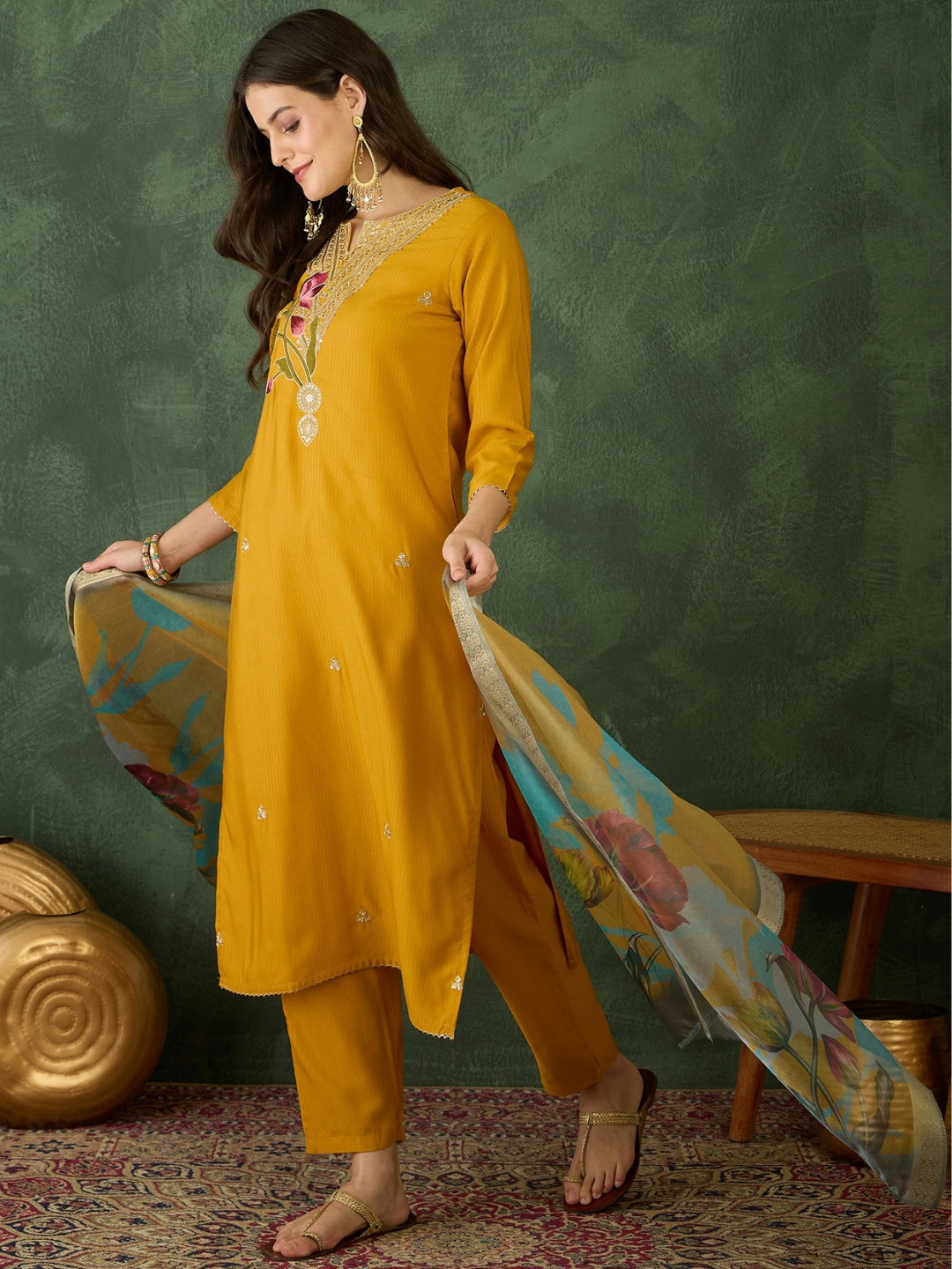 Mustard Yellow Floral Embroidered Kurta Pant Set