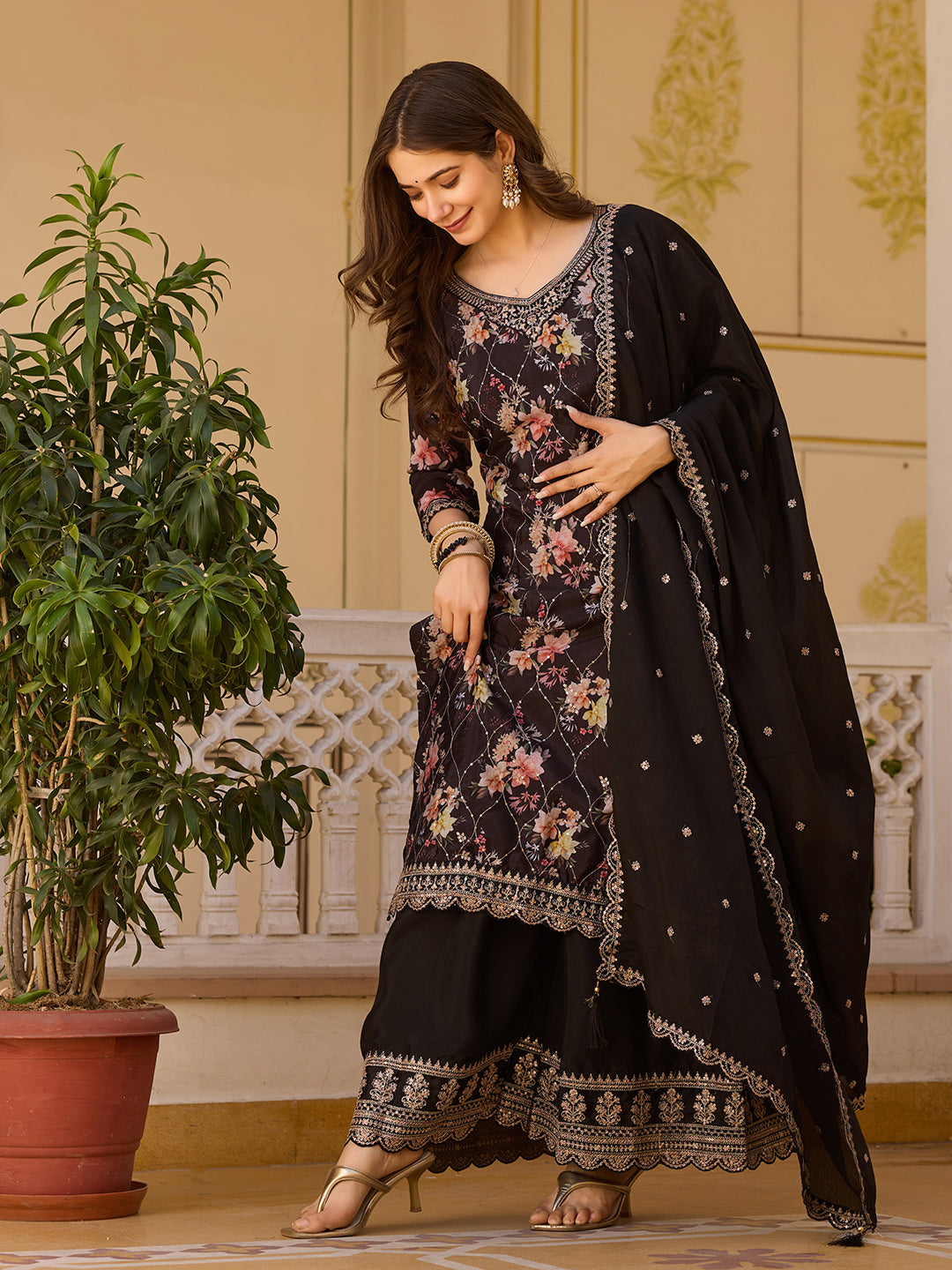 Black Floral Print Kurta Sharara Set
