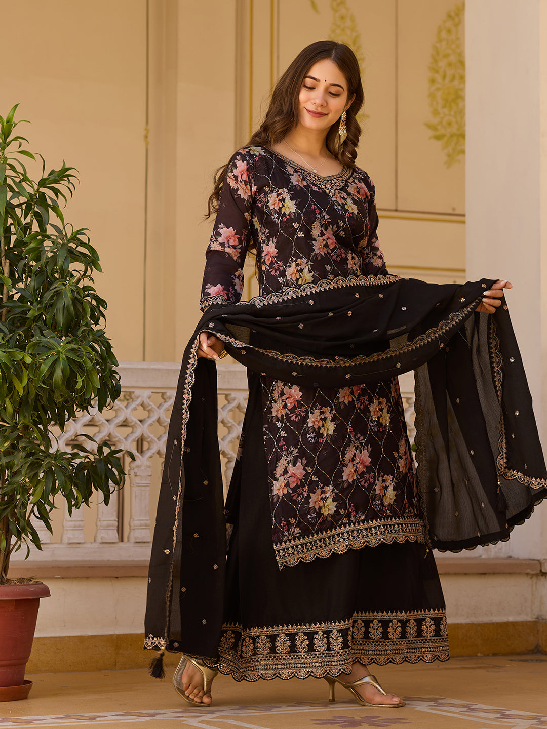 Black Floral Print Kurta Sharara Set