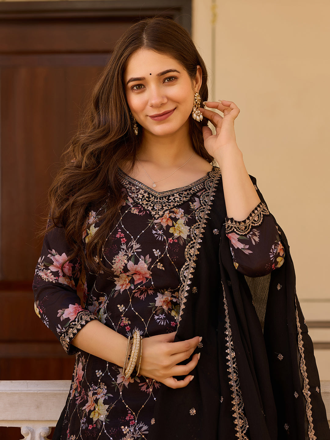 Black Floral Print Kurta Sharara Set