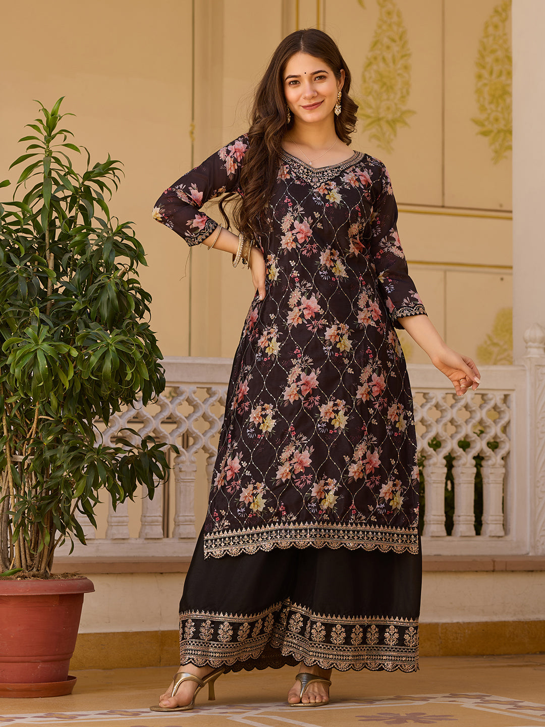 Black Floral Print Kurta Sharara Set