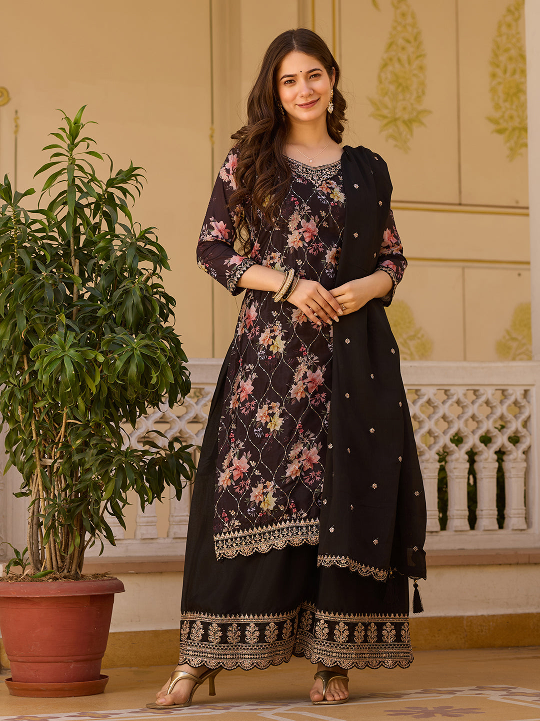 Black Floral Print Kurta Sharara Set