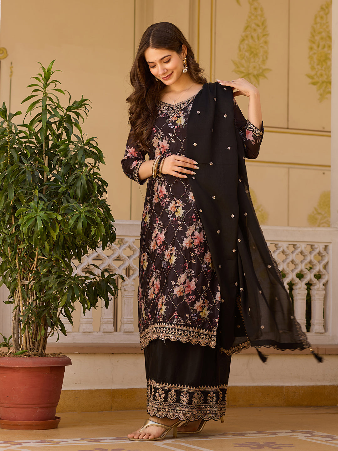 Black Floral Print Kurta Sharara Set