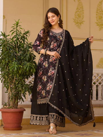 Black Floral Print Kurta Sharara Set